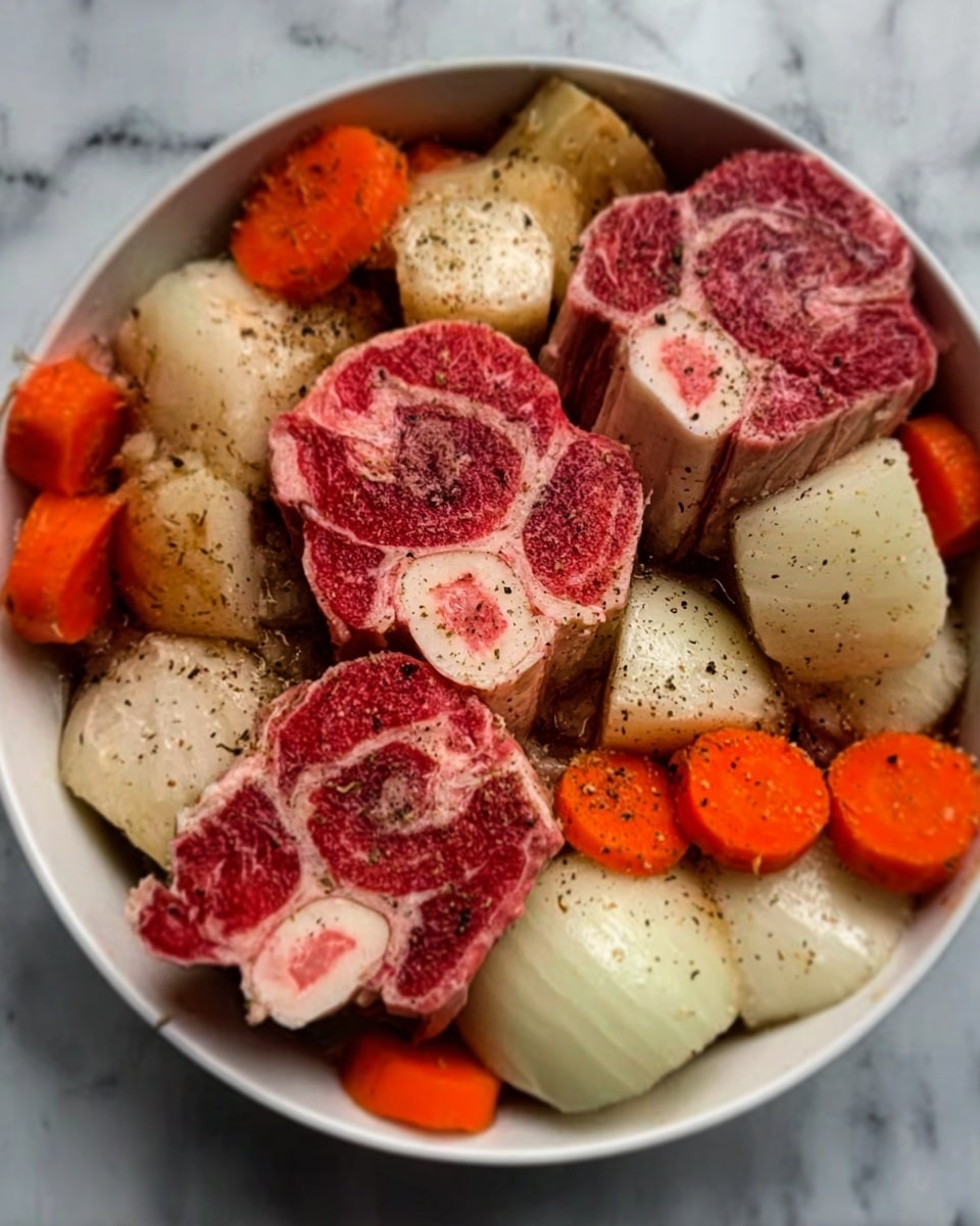 The image shows a white bowl filled with raw soup ingredients layered together. At the bottom, there are large pieces of white and light brown root vegetables like potatoes and onions, with a few orange carrot slices spread around. On top of these, several thick slices of beef shank are placed, showing the red meat with white bone marrow centers. The ingredients look fresh and are sprinkled with black pepper. The bowl is set on a white marbled surface. photo taken with an iphone --ar 4:5 --v 7