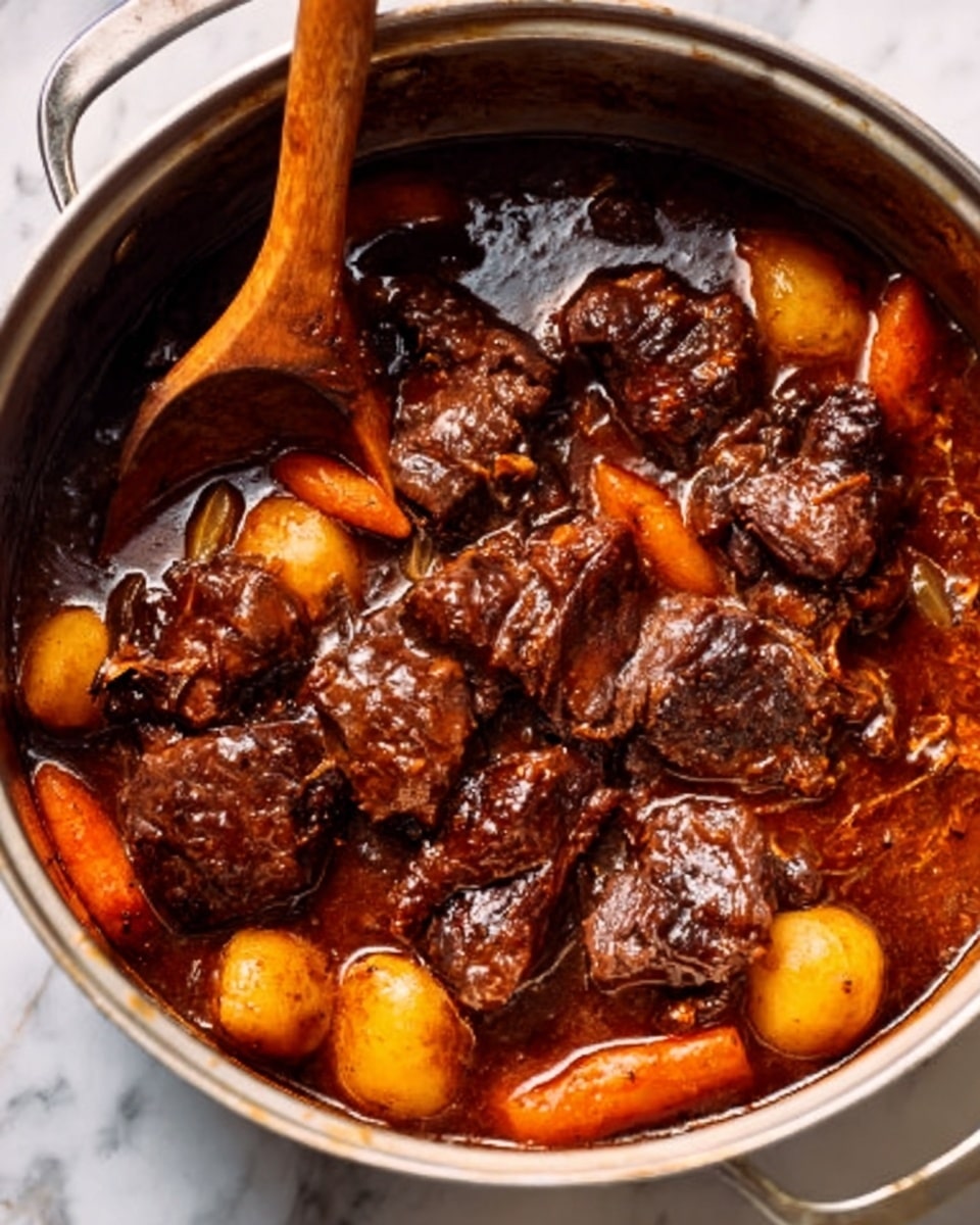 This image shows a close-up of a cooking pot filled with dark brown beef stew. The stew has many pieces of beef arranged in layers, covered in thick, rich brown sauce with a glossy texture. Small orange carrot slices and light yellow potato chunks are scattered evenly around the beef, adding contrast. The pot is silver and sits on a white marbled surface. A wooden spoon is partially visible in the top left corner, being held by a woman's hand. The dish looks warm and hearty. photo taken with an iphone --ar 4:5 --v 7