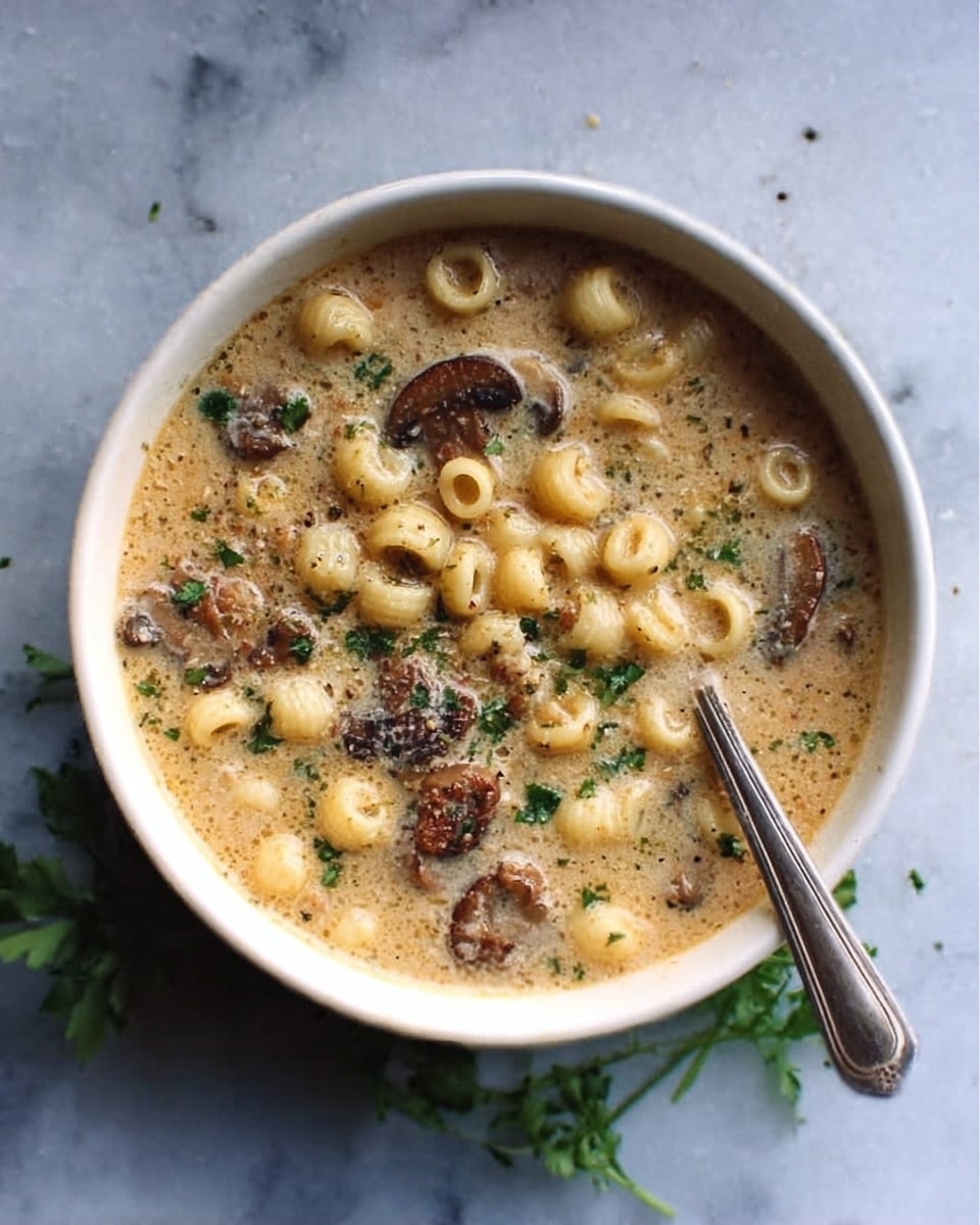 A white bowl filled with a thick creamy soup that includes small round pasta and chunks of browned mushrooms, all mixed in a beige broth with visible specks of herbs. A silver spoon rests inside the bowl, leaning on the edge. The bowl sits on a white marbled surface, with a sprig of fresh green herb beside it. The photo taken with an iphone --ar 4:5 --v 7