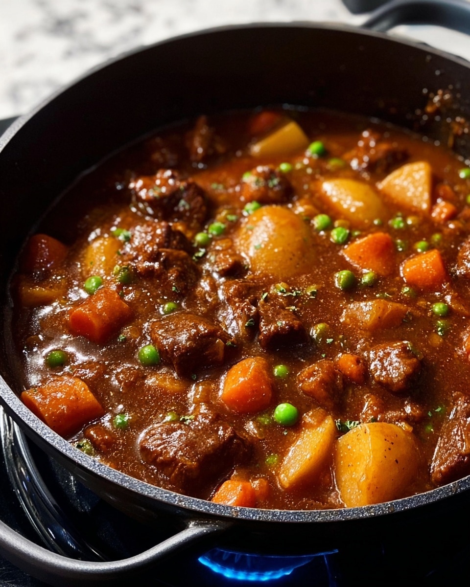 A close-up view of a black pot filled with thick brown stew, showing several dark brown chunks of meat mixed with orange carrot pieces, light tan potato wedges, and small bright green peas, all coated in a glossy, rich brown sauce. The pot sits on a stove burner with blue light glowing underneath, and the background is a white marbled texture. The stew looks hearty and rich with varied chunky textures throughout. photo taken with an iphone --ar 4:5 --v 7