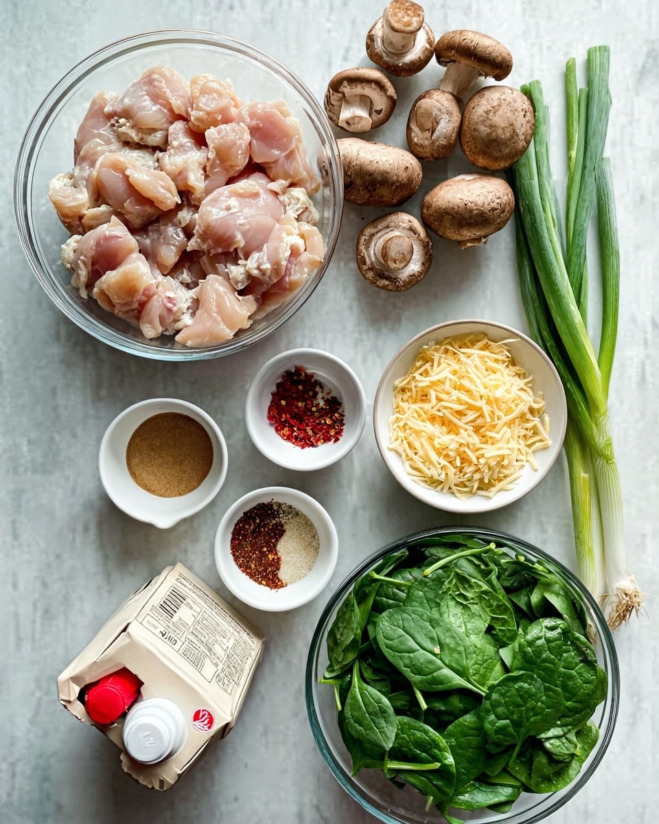 The image shows various cooking ingredients placed on a white marbled surface. There is a large clear bowl filled with raw chicken pieces, a smaller clear bowl of brown mushrooms, and another clear bowl filled with fresh spinach leaves. Surrounding the bowls are small white bowls with different ingredients: one with red pepper flakes, one with salt, and one with a brown powder spice. There is a small pan containing shredded cheese, some fresh green onions lying on the surface, and a white carton of chicken broth. The colors include pale pink chicken, dark green spinach, light brown mushrooms, and bright red pepper flakes, all arranged neatly for cooking preparation. Photo taken with an iphone --ar 4:5 --v 7