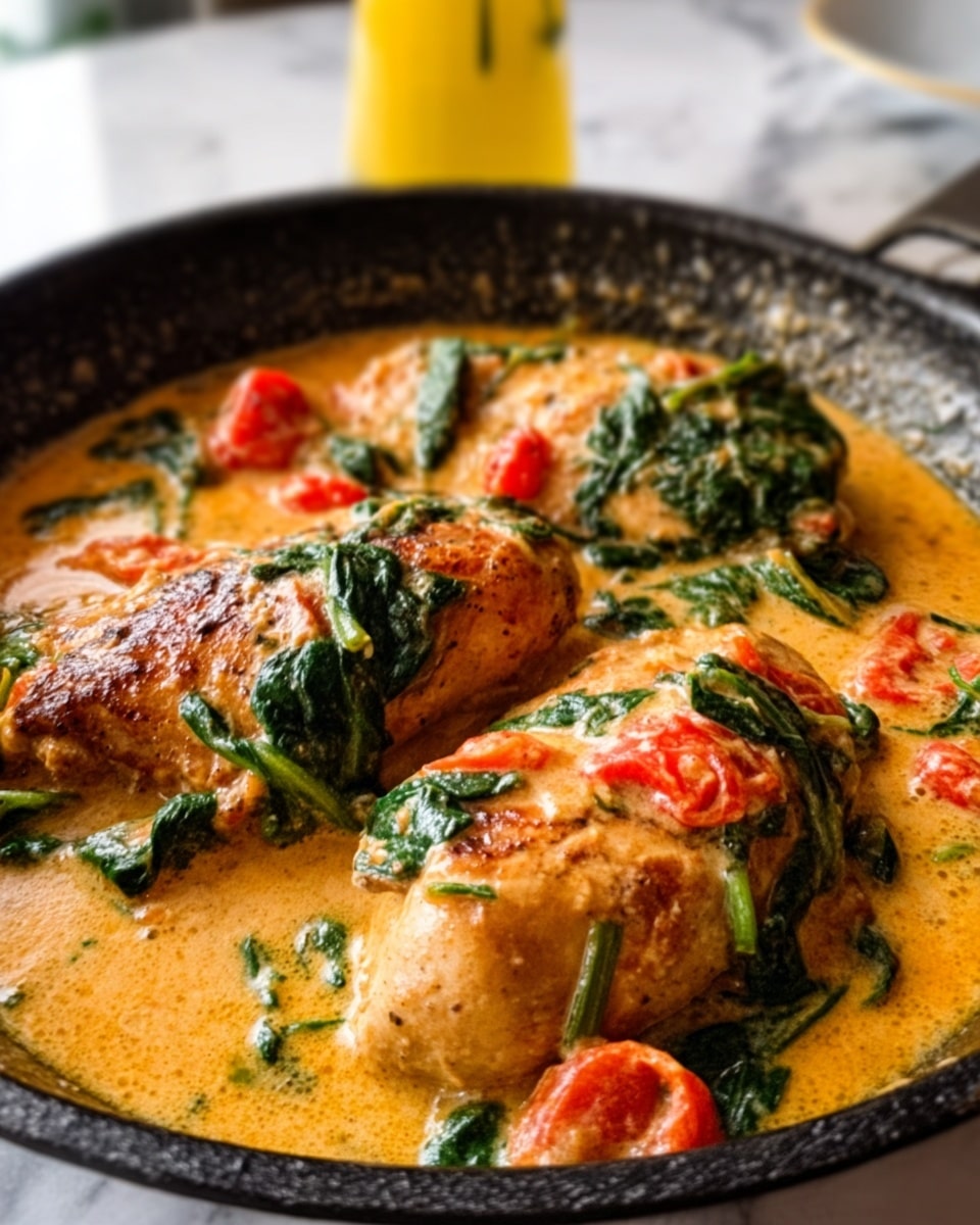 A black pan holds three thick chicken pieces sitting in a creamy orange sauce filled with wilted bright green spinach leaves and small red tomato pieces. The chicken pieces are cooked to a golden brown and partially covered by the sauce, which has a smooth and slightly thick texture. In the background, a bottle of yellow liquid is slightly blurred, all sitting on a white marbled surface. The photo is taken with an iphone --ar 4:5 --v 7