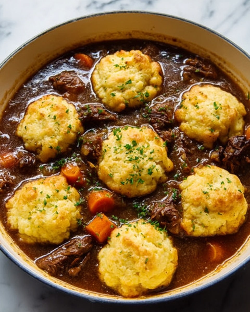 A round white pan filled with a dark brown stew that has visible chunks of meat and small slices of bright orange carrots. On top of the stew, there are seven golden-yellow biscuit dumplings spaced evenly around the edges and one in the center, each showing a slightly crispy textured surface with a few small green herb sprinkles. The stew looks thick and rich, with the biscuit dumplings fluffy and soft. The background surface is white marble. photo taken with an iphone --ar 4:5 --v 7