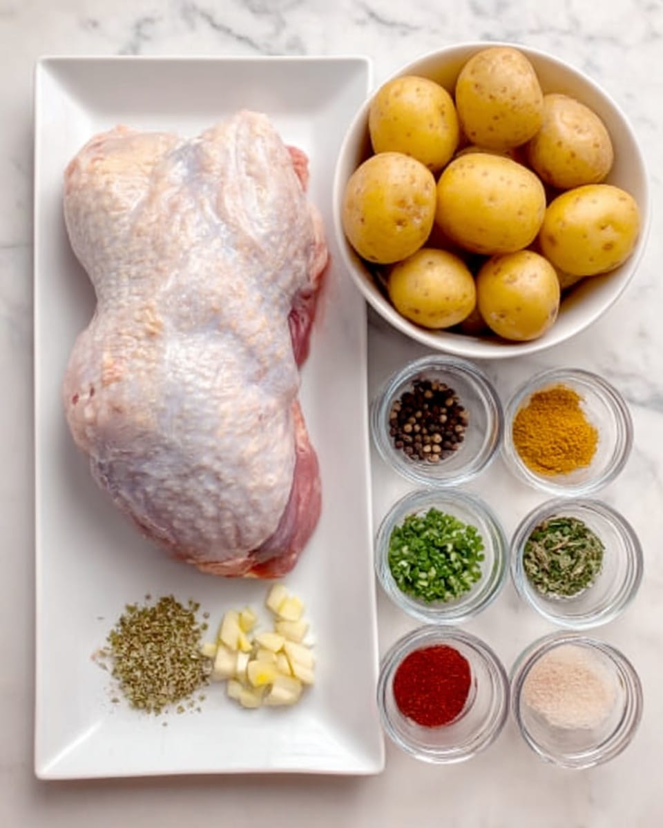 The image shows a white rectangular plate on a white marbled surface with a raw whole chicken leg on it. To the top right of the plate, there is a white bowl filled with small yellow potatoes. Surrounding the bowl are seven small clear containers arranged in a semi-circle, each holding different spices and herbs: one with chopped garlic, one with peppercorns, one with chopped green herbs, one with minced ginger, one with ground paprika, one with salt, and one with another set of green chopped herbs. The colors vary from yellow, green, black, red, and beige. photo taken with an iphone --ar 4:5 --v 7