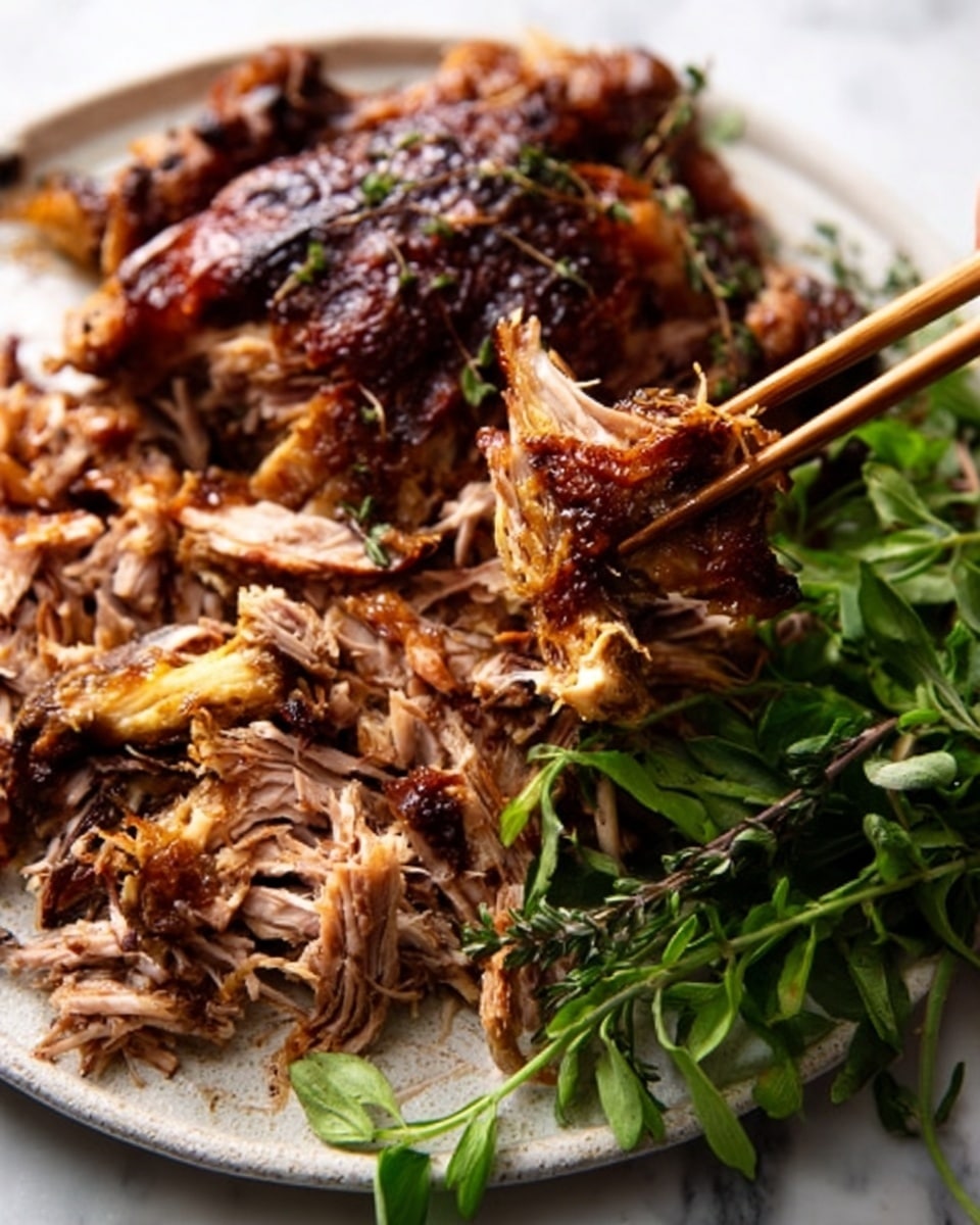 A close-up of shredded roasted chicken with crispy brown skin layered on a white plate. The top layer shows glossy, caramelized dark brown skin with hints of herbs, while underneath are moist, tender shredded pieces in lighter brown and beige tones. A woman's hand is holding wooden chopsticks pulling some of the soft shredded chicken from the plate. Fresh green leafy herbs are placed on the side of the plate. The plate sits on a white marbled surface. Photo taken with an iphone --ar 4:5 --v 7