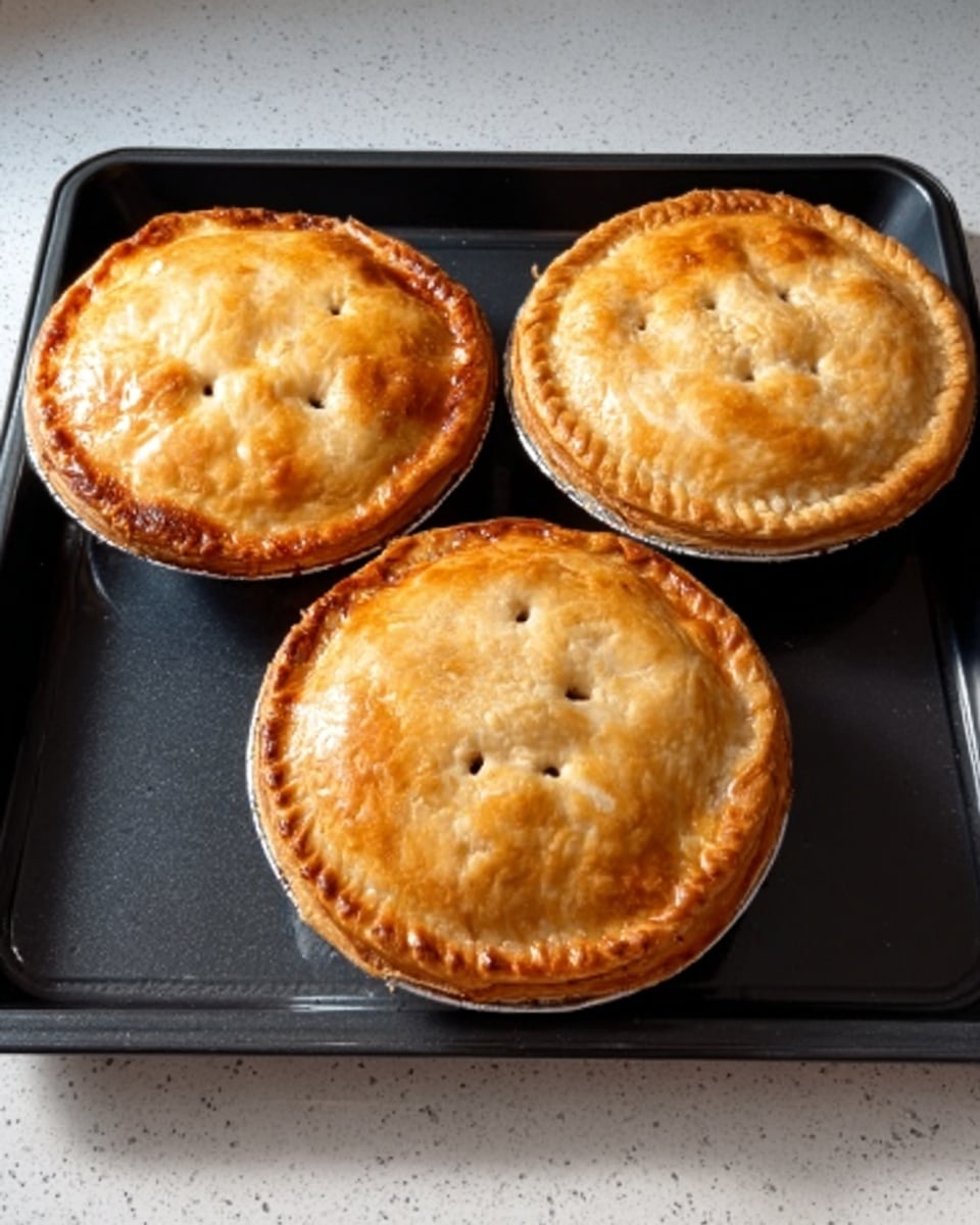 Three golden brown pies sit on a black baking tray. Each pie has a shiny, slightly puffed top crust with small vent holes. The edges of the crusts are crimped neatly to seal the filling inside. The pies are evenly spaced on the tray, which rests on a white marbled surface. The lighting highlights the warm, baked texture of the crusts. photo taken with an iphone --ar 4:5 --v 7