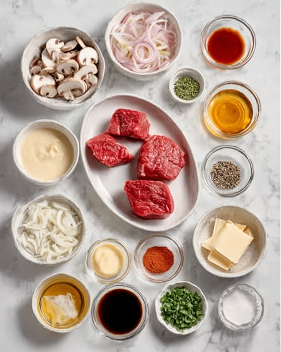 The image shows an overhead view of many small white bowls and dishes arranged neatly on a white marbled surface, each holding different ingredients for cooking. There are four raw red beef pieces in an oval white plate in the center. Around it, there are small white bowls with chopped pink onions, sliced white mushrooms, creamy white sauce, light brown butter, chopped green herbs, and a creamy mustard-colored sauce. Additionally, there are small glass bowls with dark soy sauce, light brown sauce, oil, minced garlic, black pepper, and a reddish sauce. The setting looks clean and organized, ready for cooking. Photo taken with an iphone --ar 4:5 --v 7