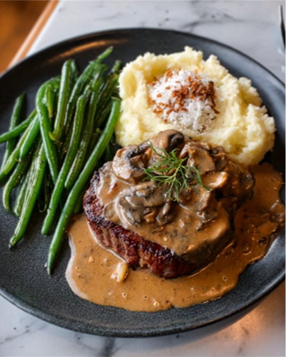 The image shows a dark plate with a round, thick steak topped with mushroom sauce covering part of it and spreading onto the plate. To the left, there is a small pile of cooked green beans, and at the back of the plate, there is a scoop of mashed potatoes garnished with a small dollop of white topping and brown crumbs. The background surface is a white marble texture. photo taken with an iphone --ar 4:5 --v 7