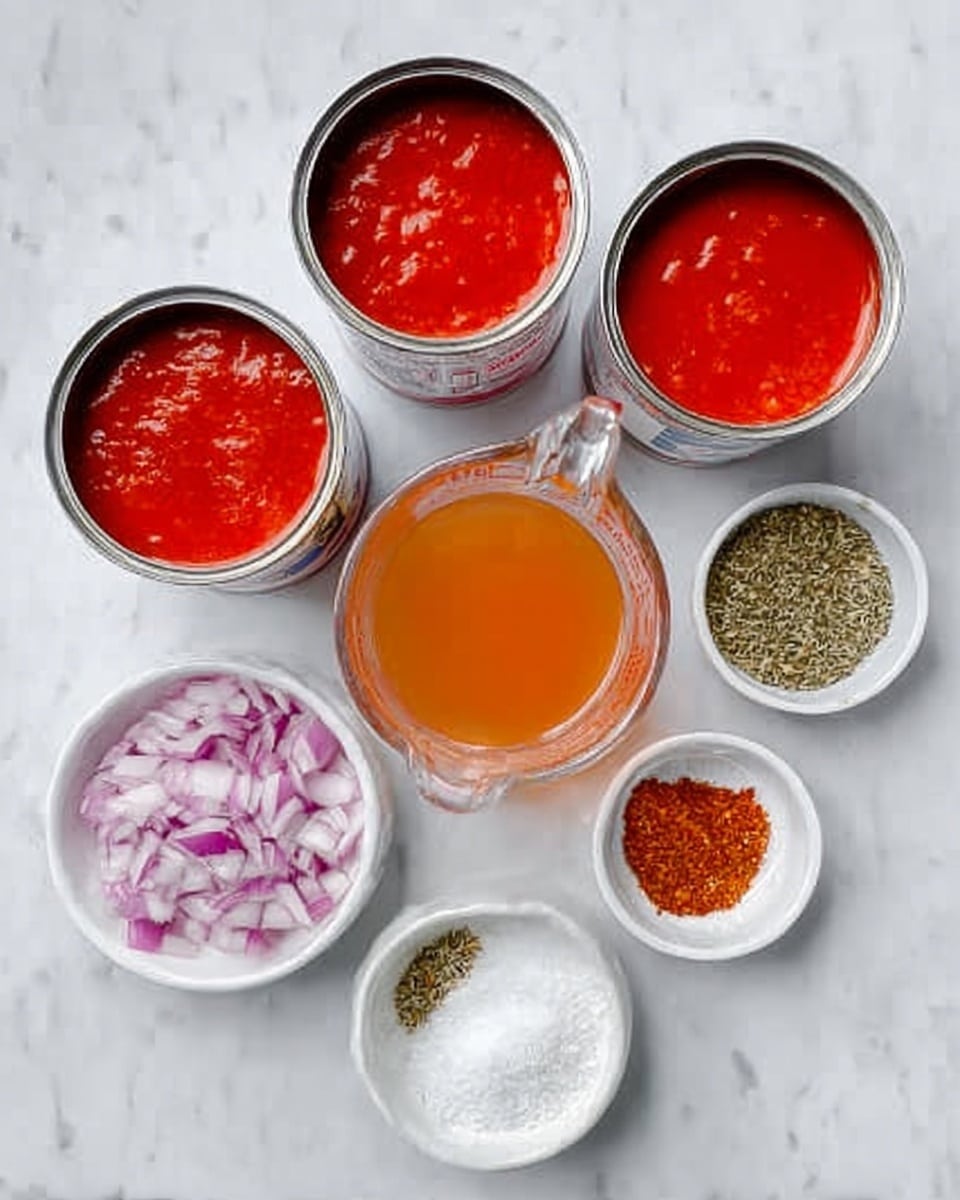 The image shows several clear glass containers arranged on a white marbled surface. There are three open cans filled with bright red tomato sauce. In the center sits a clear glass measuring cup containing orange-colored liquid. Below the measuring cup are four small white bowls filled with different ingredients: one bowl with chopped red onions, another with white granular powder, a third with mixed dried herbs with green and brown tones, and the last holding a reddish spice blend. The overall look is clean and organized, with bright and natural colors. photo taken with an iphone --ar 4:5 --v 7