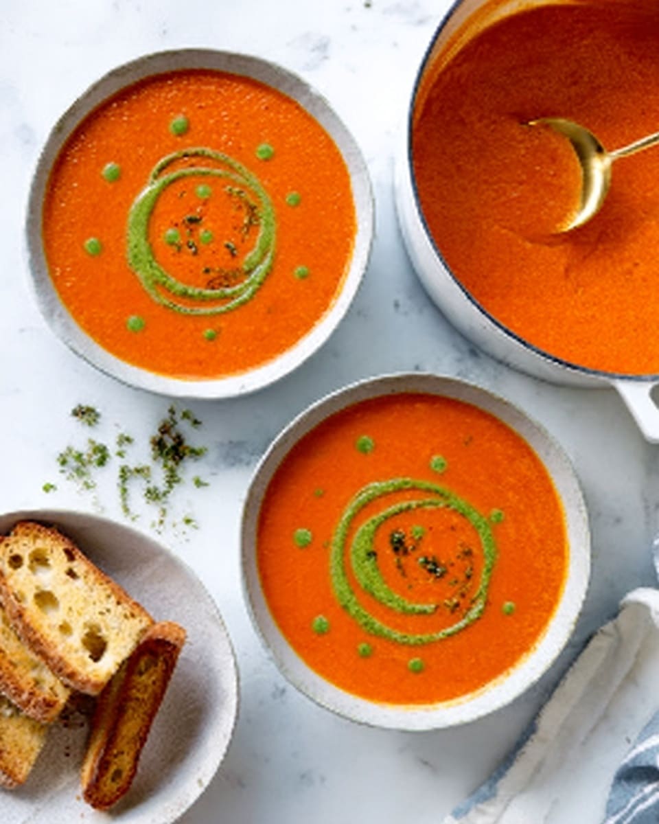 The image shows two white bowls filled with bright orange tomato soup, each topped with a green drizzle in a circular pattern and small green drops around it. Both bowls are placed on a white marbled surface. To the right, there is a white pot with a golden spoon inside, holding more soup. At the bottom left corner, a white bowl holds three pieces of toasted bread with a crispy texture. The scene looks clean and fresh, with a woman's hand unseen but implied by the spoon placement. Photo taken with an iphone --ar 4:5 --v 7