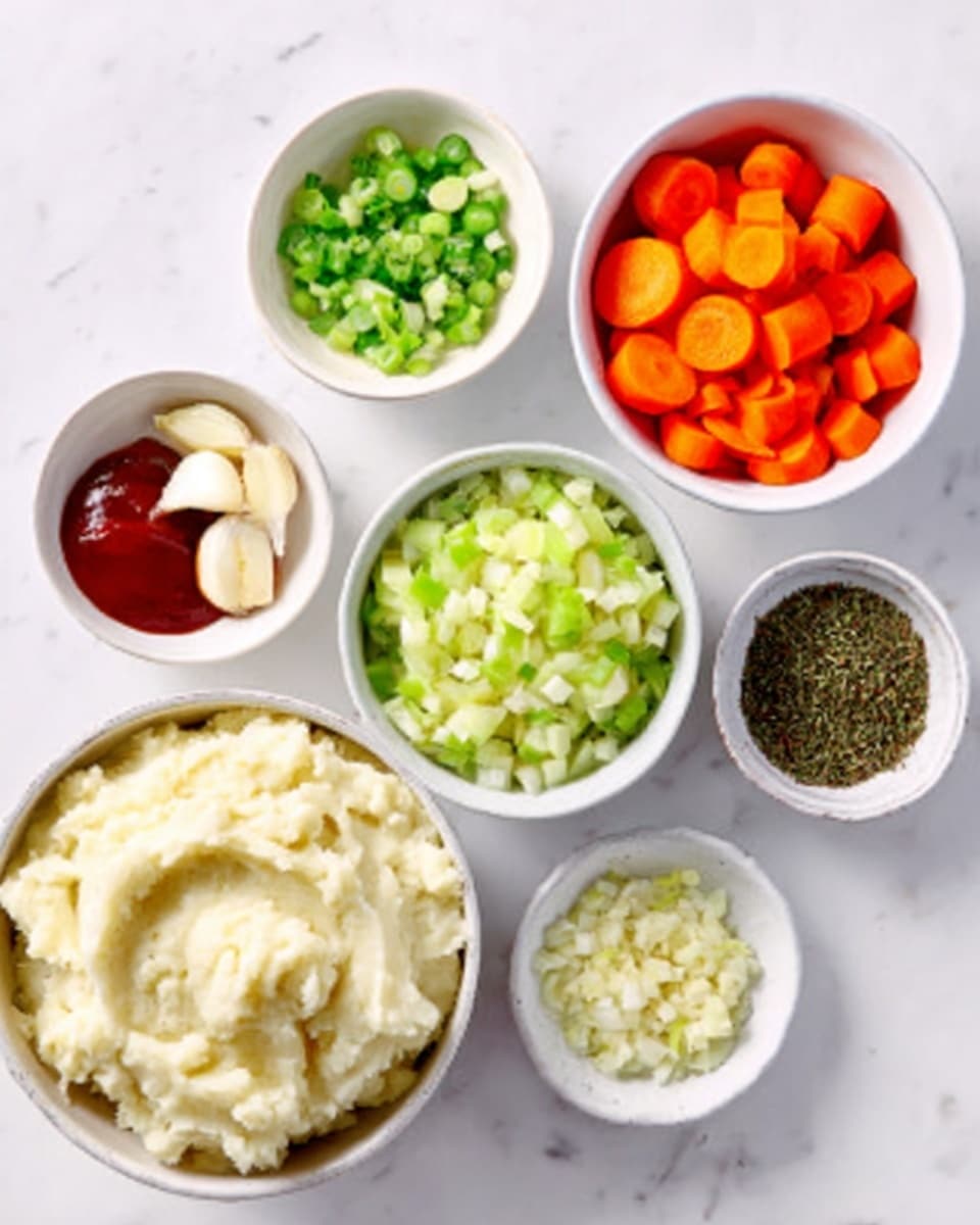 The image shows seven white bowls arranged on a white marbled surface. The largest bowl is filled with creamy mashed potatoes, showing a smooth, slightly textured surface with soft peaks. Next to it are smaller bowls containing bright orange carrot slices, light green celery pieces, finely chopped garlic, a deep red sauce, finely chopped light green onions, and a dark green dried herb mix. Each bowl is neatly filled, showing the colors and textures clearly, with the vegetables looking fresh and vibrant. photo taken with an iphone --ar 4:5 --v 7