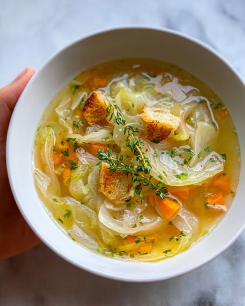 The image shows a white bowl filled with clear soup that has several layers of ingredients visible. The base layer is a light yellow broth with small bits of orange carrot pieces scattered throughout. Floating on top are thin, translucent slices of white cabbage, with a few small pieces of golden-brown toasted bread or croutons adding texture. Fresh green herbs, likely parsley or thyme, are sprinkled on the surface for color and freshness. The bowl sits on a white marbled surface, and a woman's hand is holding the bowl slightly from the side. Photo taken with an iphone --ar 4:5 --v 7
