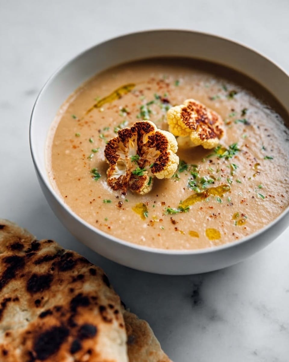 A white bowl filled with creamy light brown soup garnished with two browned cauliflower florets placed on top, sprinkled with small green herbs and a drizzle of oil. The soup has a smooth texture with small bits visible, and in the foreground, a piece of grilled flatbread with char marks rests on the same white marbled surface. photo taken with an iphone --ar 4:5 --v 7