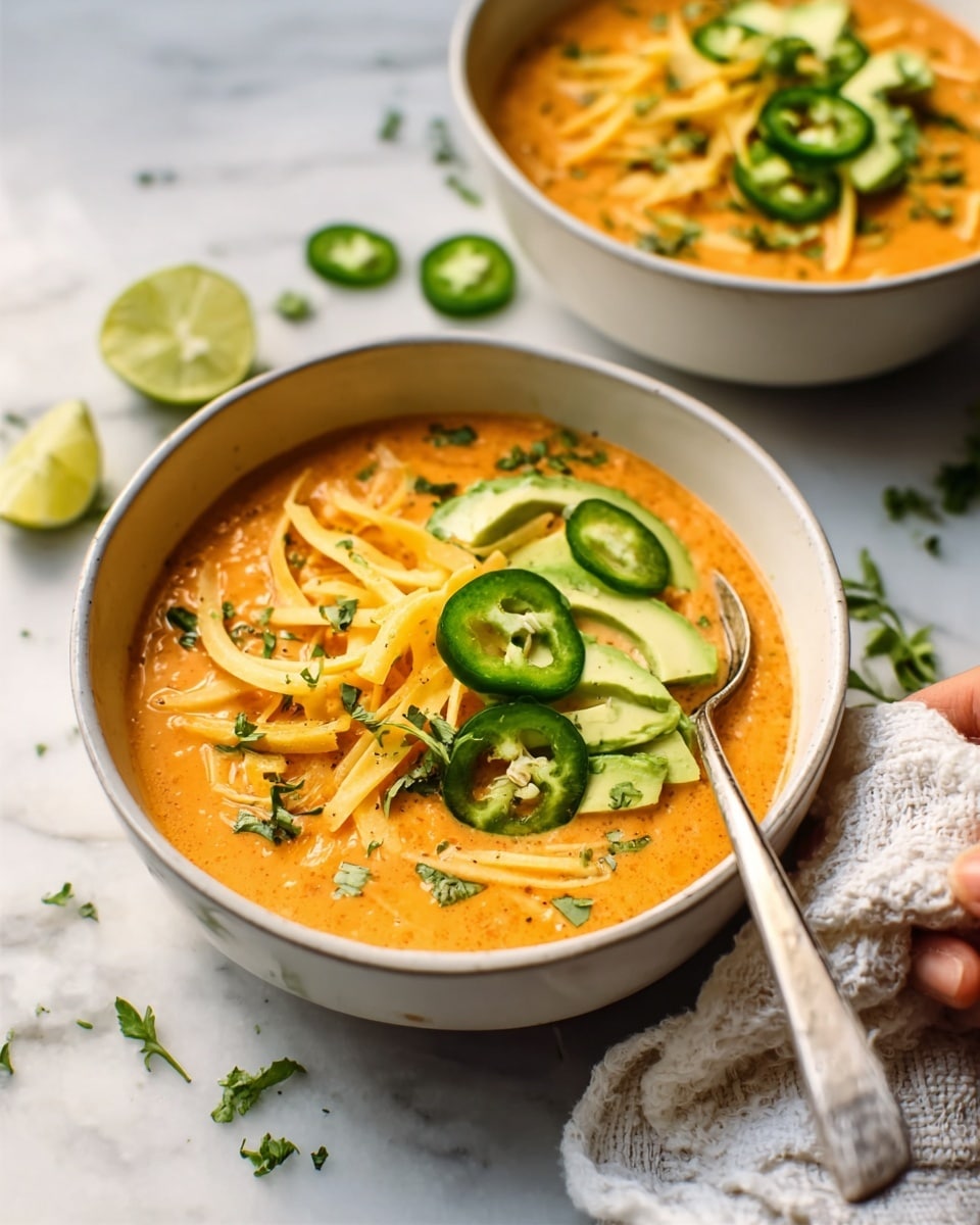 The image shows two white bowls filled with a creamy orange soup. Each bowl has several layers on top: thin, bright orange strips placed unevenly, slices of green avocado fanned out, round slices of green jalapeño peppers, small green herbs sprinkled, and thin pale yellow strips. One bowl is in the front with a metal spoon inside, and the other is slightly behind it. The bowls are resting on a white marbled surface with some green herbs scattered around. A woman's hand with a white cloth can be seen near the front bowl holding the spoon. The lighting is soft and natural, highlighting the vibrant colors of the dish. photo taken with an iphone --ar 4:5 --v 7