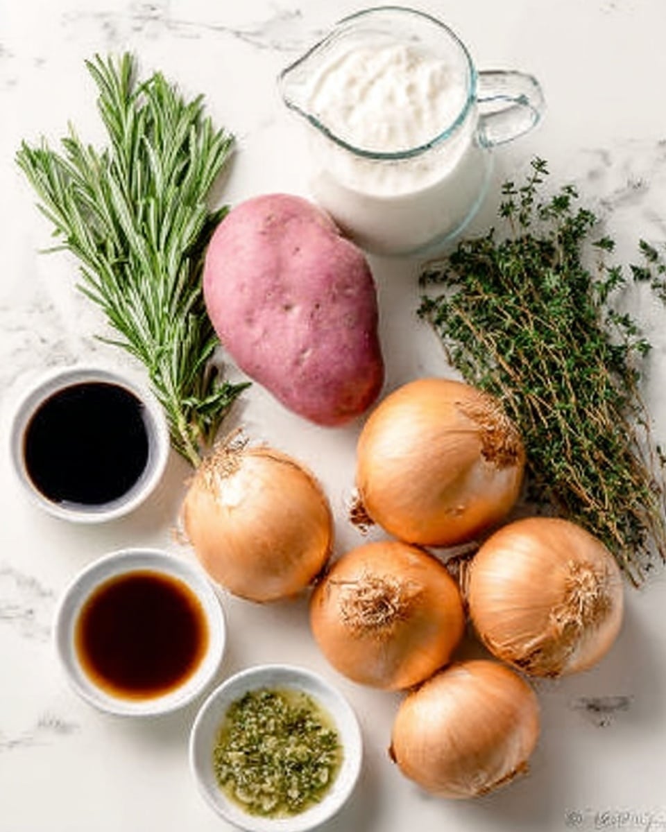 The image shows a clean white marbled surface with several cooking ingredients arranged neatly. There are six round brown onions placed in a group, one pinkish-red potato lying near the middle, a small clear glass jug filled with white cream near the top center, and fresh green herbs like rosemary and thyme arranged on the left side. On the bottom left are three small white bowls containing dark soy sauce, a thick green herb oil, and minced garlic. The colors contrast well with the pale brown and green tones against the bright white marble. The photo taken with an iphone --ar 4:5 --v 7