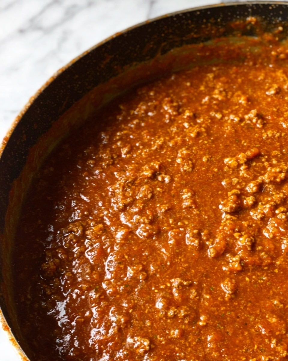 The image shows a close-up view of a pot filled with thick brown sauce mixed with small chunks of meat, giving it a textured and hearty look. The sauce has a slightly shiny surface with visible bits of herbs and spices, making it look flavorful and well-cooked. The pot edges are dark with some sauce stains, indicating it has been simmering for a while. The background is a white marbled surface. photo taken with an iphone --ar 4:5 --v 7