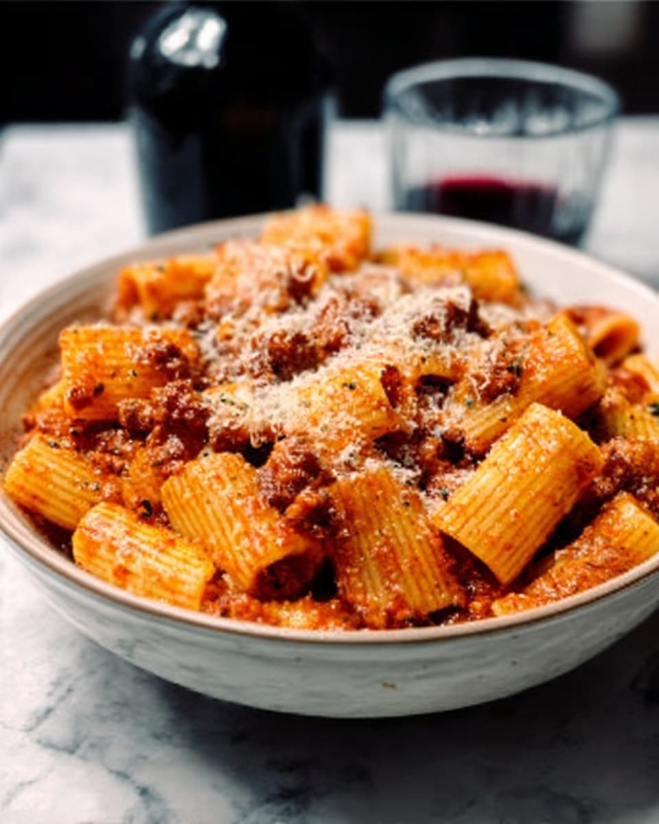 A white bowl filled with rigatoni pasta covered in a thick red sauce with small chunks of meat. The pasta is mixed well, and the sauce lightly coats each piece. The dish is topped with a sprinkle of grated cheese that melts slightly over the warm pasta. In the background, there is a dark bottle and glass on a white marbled surface. photo taken with an iphone --ar 4:5 --v 7