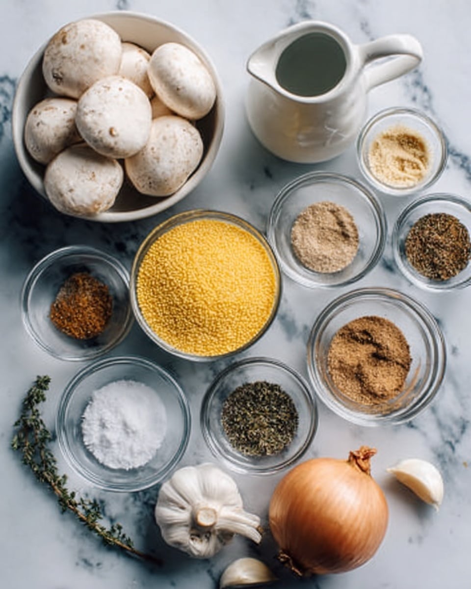 The image shows a white bowl filled with whole white mushrooms on the top left, beside a small white pitcher on a white marbled surface. In front of the mushrooms and pitcher, there is a small clear bowl with yellow cornmeal. Around the cornmeal, there are multiple small clear bowls containing various spices and herbs, with different colors like brown, black, and salt crystals. A whole light brown onion and three cloves of garlic lie near the bottom center of the arrangement, all placed on the white marbled texture photo taken with an iphone --ar 4:5 --v 7
