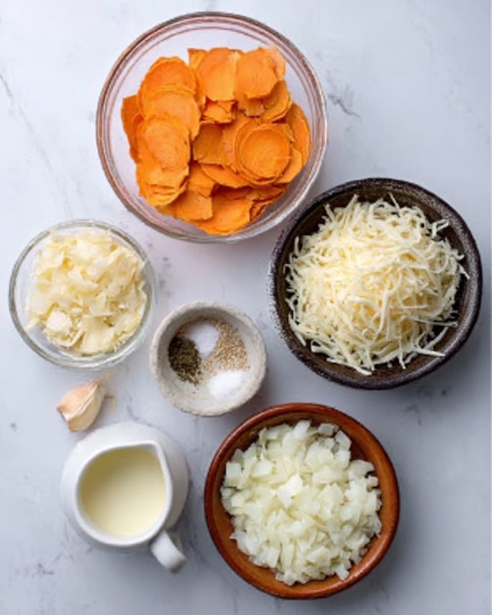 The image shows five containers placed on a white marbled surface. The top left container is a clear bowl filled with thin, orange slices, all evenly layered. To the right of it is a small dark bowl filled with shredded white cheese, soft in texture. Below the dark bowl is a small brown bowl, also filled with shredded white cheese that looks similar in texture. To the bottom left, there is a clear bowl filled with small white chopped pieces which appear to be onion, densely packed. Next to this bowl, a small white cup holds a light creamy liquid. To the right of the cup, there are small piles of salt, pepper, and one garlic clove. A small amount of light yellow oil is also seen near the seasoning. Photo taken with an iphone --ar 4:5 --v 7