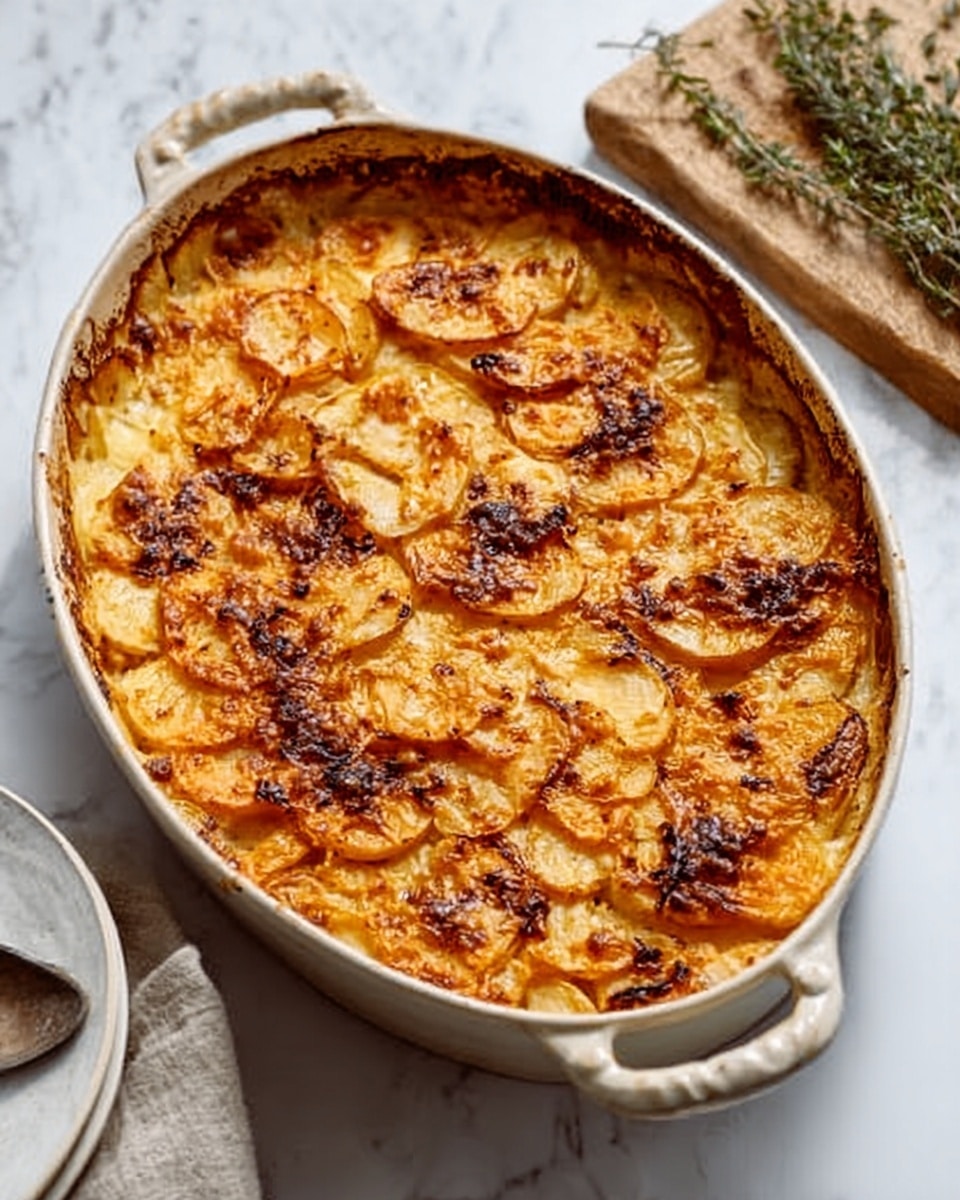 A large oval baking dish filled with a baked dish showing thin round slices of potatoes layered closely together with a golden brown, slightly crispy top layer. The top has some darker brown spots where it is more cooked, creating a mix of golden and dark brown colors with a slightly bubbly texture. The dish is placed on a white marbled surface next to a white plate and a wooden board with herbs on it. The baking dish has two handles on each side and the food looks rich and well-cooked. Photo taken with an iphone --ar 4:5 --v 7