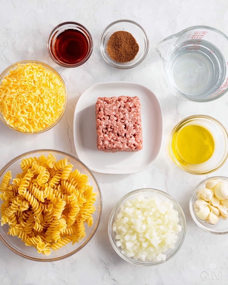 This image shows several cooking ingredients placed on a white marbled surface. In the center, there is a small white square plate holding a block of raw ground meat with a pinkish color and slightly uneven texture. Surrounding this plate are various clear glass bowls containing different ingredients. To the top left, there are two glasses filled with a dark reddish-brown liquid. Next to them is a small bowl with a dark brown spice mixture. Moving right, there is a large bowl full of shredded yellow cheese. Beside it is a tiny bowl with a small amount of olive oil, showing a clear golden yellow color. On the top right corner, a measuring cup filled with clear water is placed. Below the measuring cup, a larger bowl contains spiral pasta pieces with a pale yellow color. On the bottom left side, a clear bowl displays chopped white onions, and right next to it is a small bowl with minced garlic that looks pale yellow. All items are neatly arranged on the white marbled background in a well-lit setting. photo taken with an iphone --ar 4:5 --v 7