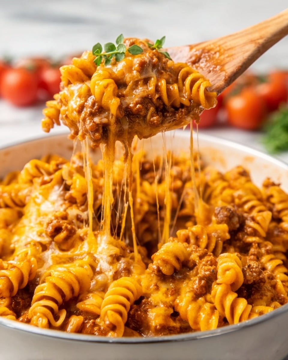 A close-up view of a wooden spoon lifting a serving of cheesy pasta from a white bowl. The pasta is spiral-shaped, covered in a thick layer of melted orange cheese, mixed with a rich tomato-based sauce and small pieces of meat. The cheese stretches in thin strings from the bowl to the spoon, showing its soft texture. The top layer is garnished with a few small green herb leaves, adding a pop of color. The background and surface have a white marbled texture, with blurred red tomatoes visible in the distance. Photo taken with an iphone --ar 4:5 --v 7