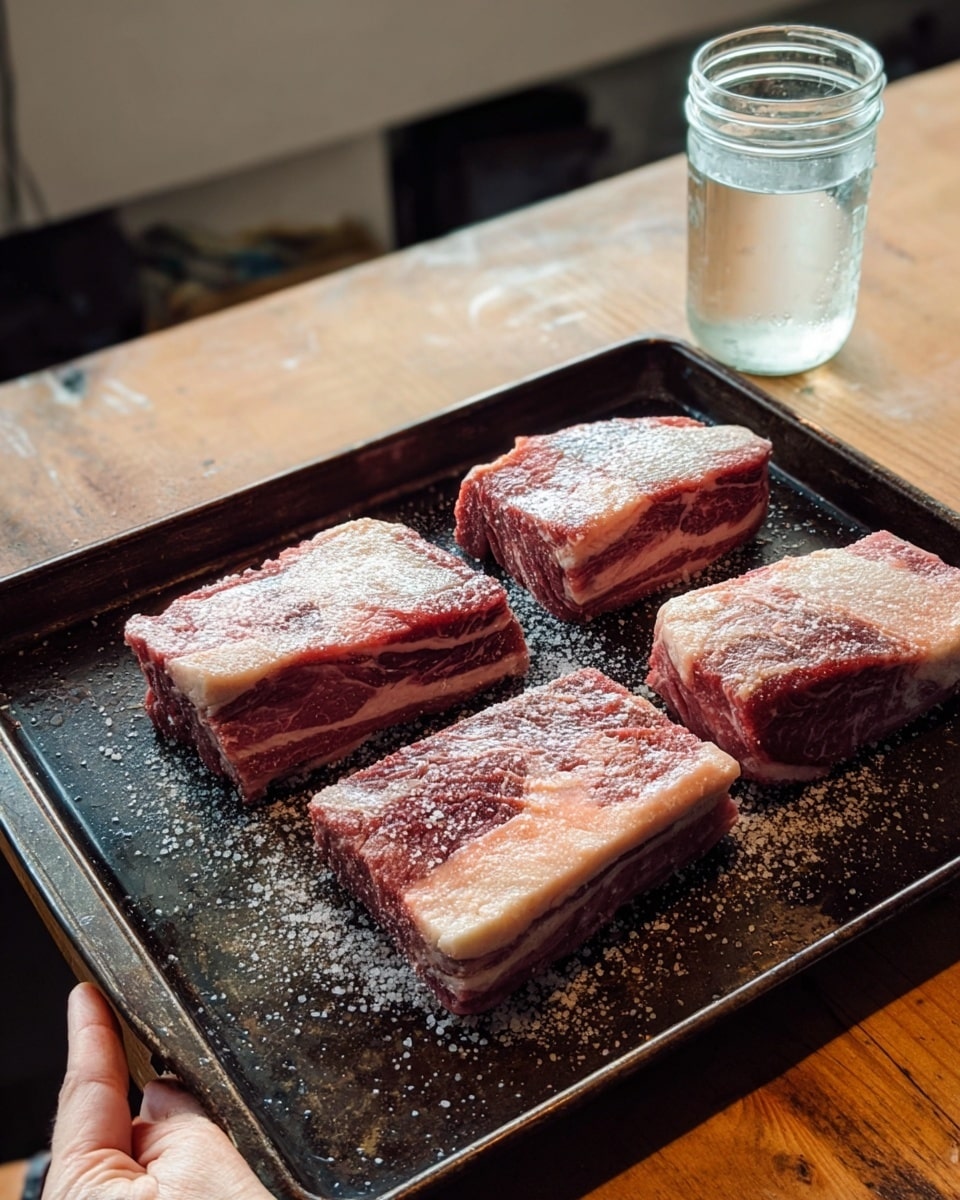 Four thick pieces of raw meat with visible fat layers are placed on a dark baking tray sprinkled with coarse salt. The meat pieces are marbled with different shades of red and white fat on top, showing a textured surface. The tray sits on a wooden table next to a clear glass jar filled with water. The photo is taken with a woman's hand holding the tray slightly. The background has a soft indoor light effect with a white marbled texture surface visible. Photo taken with an iphone --ar 4:5 --v 7