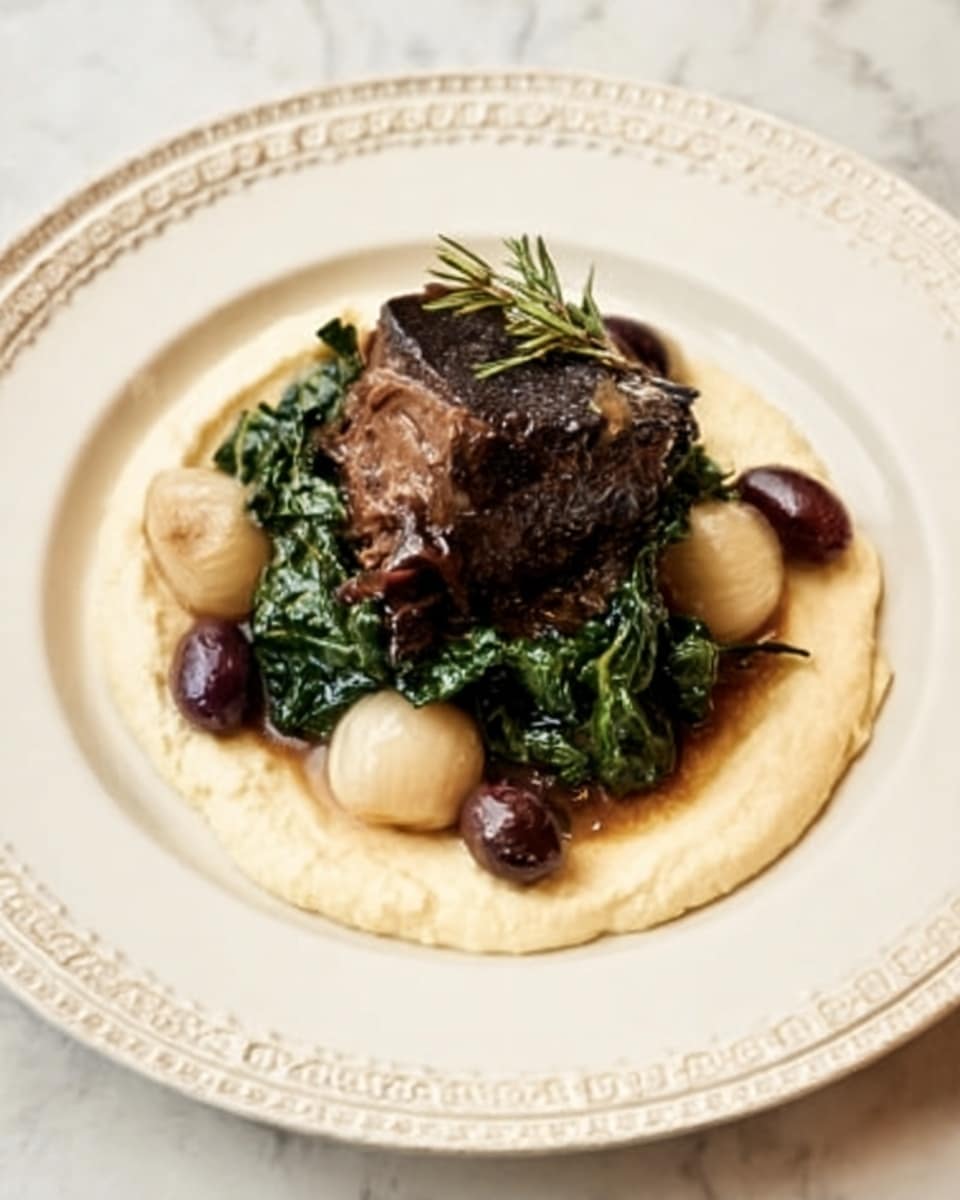 The image shows a white plate with a decorative edge placed on a white marbled surface. At the base, there is a smooth, creamy pale yellow layer spread evenly across the plate. On top of this, dark leafy greens are laid in the center, topped with a large, dark brown square piece of meat. Around the meat, there are round, light beige root vegetables and a few dark purple olives scattered. The textures contrast with the creamy base, soft greens, and the tender look of the meat. photo taken with an iphone --ar 4:5 --v 7