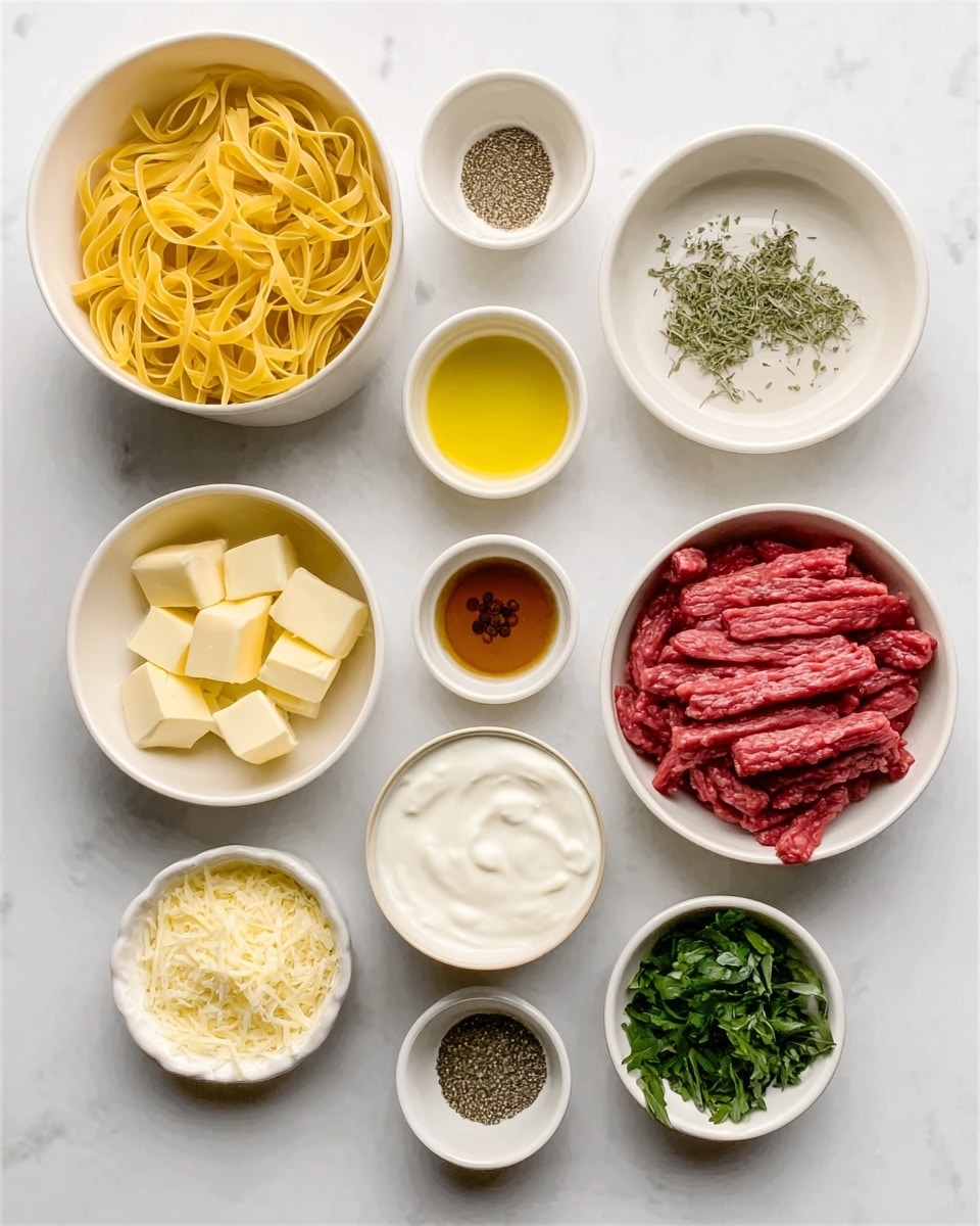 The image shows a clean white marbled surface with several white bowls and small white dishes arranged neatly. In the top left corner, there is a white bowl filled with uncooked yellow pasta noodles. Next to it on the right is a white bowl full of raw red strips of meat. To the left of the meat is a small white bowl with golden yellow oil. Below these are four small white bowls: one with pale butter cubes, one with finely chopped garlic, one with dried green herbs, and one with grated light yellow cheese. There is also a larger white bowl filled with white cream placed near the center. Surrounding the cream bowl are three small white dishes holding seasonings: black pepper, a light brown liquid sauce, and some green leafy herbs. The arrangement looks very clean and organized. photo taken with an iphone --ar 4:5 --v 7