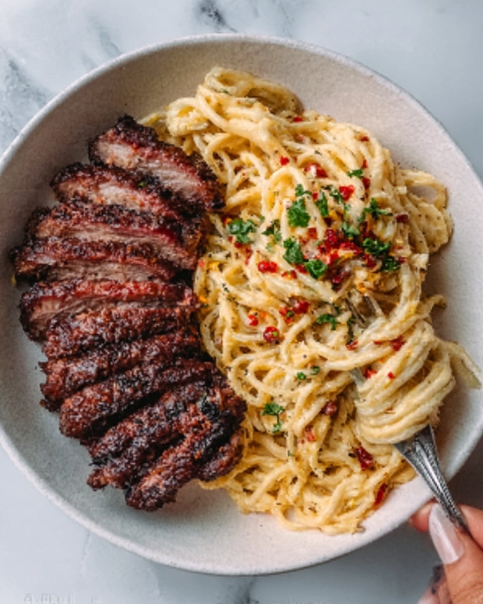 The image shows a white bowl filled with two main parts: on the left, several slices of dark brown cooked meat with a crispy, textured surface, arranged closely together; on the right, two portions of spaghetti coated with creamy sauce, sprinkled with red chili flakes and green parsley, giving a colorful look. The bowl is placed on a white marbled surface. A woman's hand with a fork is visible at the edge, about to eat the food. Photo taken with an iphone --ar 4:5 --v 7