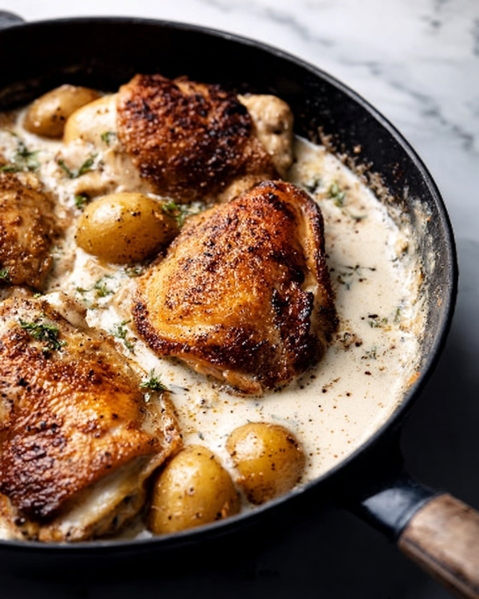A close-up view of a black pan filled with two golden-brown cooked pieces of chicken resting in creamy white sauce. The chicken has a crispy skin texture with browned spots and visible seasoning. Around the chicken are several small round golden potatoes partially covered by the sauce. The sauce looks smooth and thick, pooling under and around the chicken and potatoes. The pan handle is visible on the right side on a white marbled surface. photo taken with an iphone --ar 4:5 --v 7