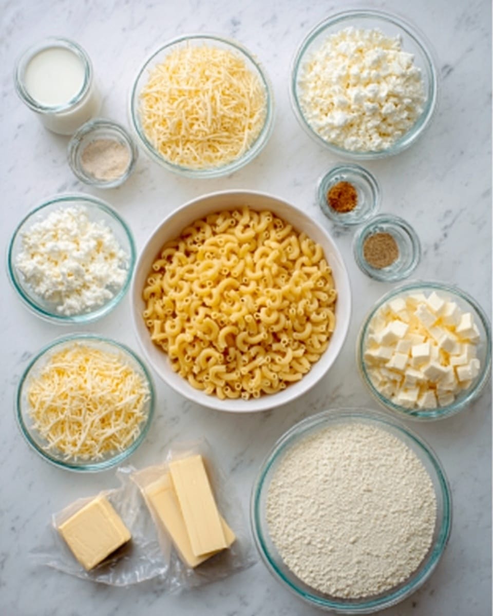 The image shows a white marble surface with ten clear glass bowls arranged around a large white bowl of dry elbow macaroni in the center. Around it, smaller bowls contain white shredded cheese, cubed cream cheese, a bowl of white cottage cheese, a bowl of milk, small bowls of salt, pepper, and a small golden-yellow spice. Two sticks of butter wrapped in their paper sit next to one bowl. The colors are soft yellows, whites, and tans with varied textures like shredded, cubed, and liquid all shown clearly. Photo taken with an iphone --ar 4:5 --v 7