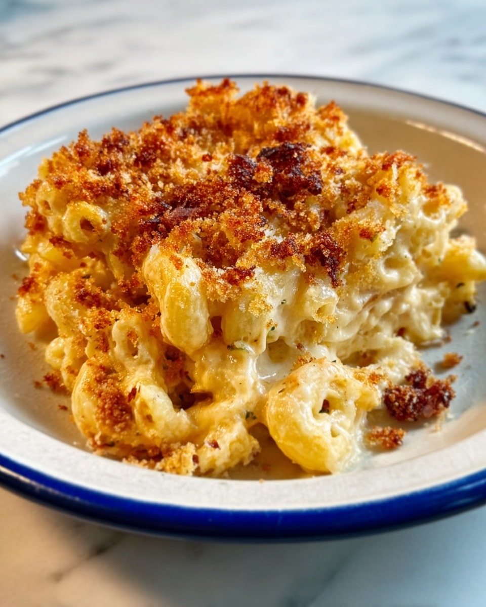 The image shows macaroni and cheese on a white plate with a blue rim. The dish has a layer of creamy melted cheese mixed with soft pasta, topped with a golden brown, crispy breadcrumb crust. The pasta pieces are richly coated in cheese sauce, and the browned topping adds a rough texture on top. The plate sits on a white marbled surface with soft lighting highlighting the cheese shine and crunchy topping. photo taken with an iphone --ar 4:5 --v 7