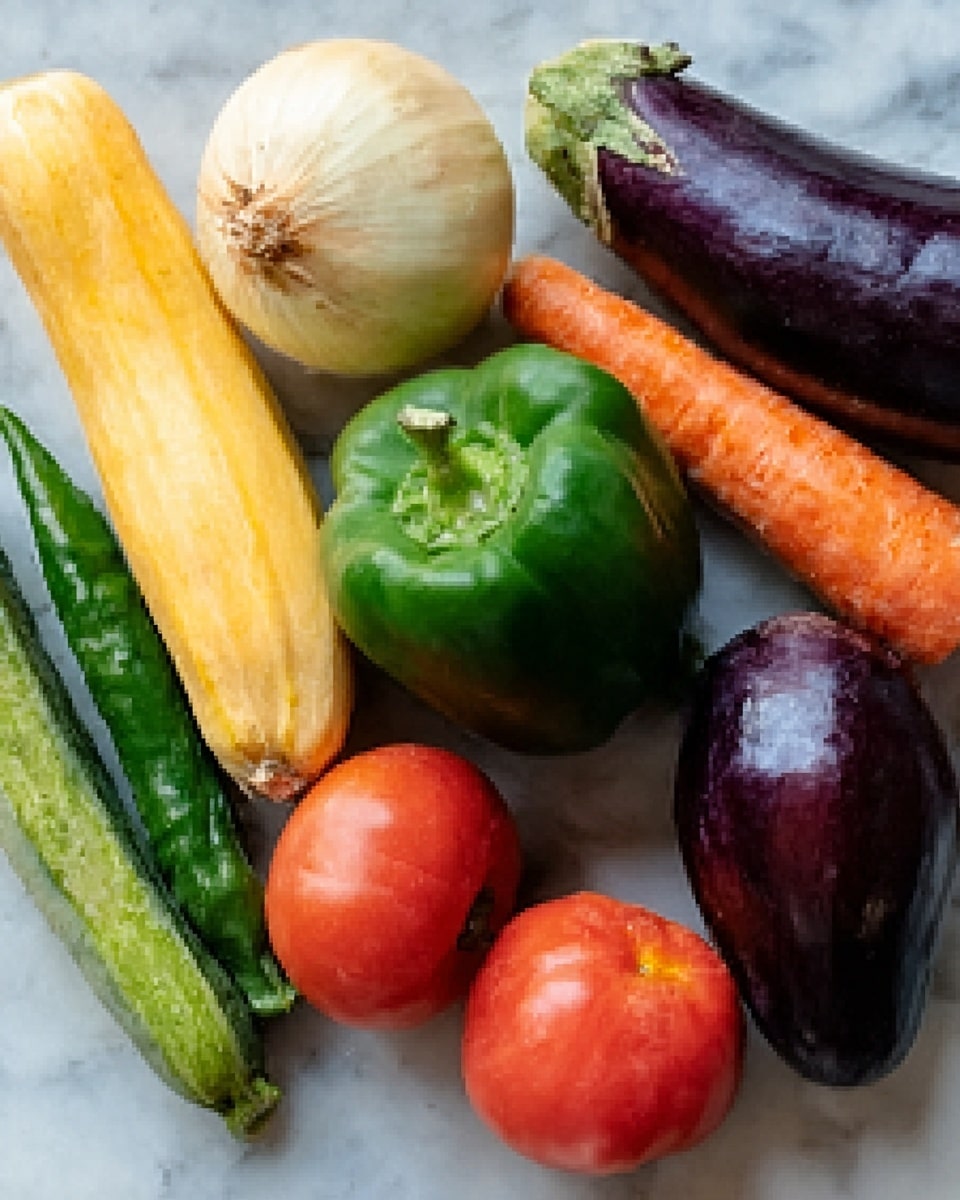 The image shows a variety of fresh vegetables placed on a white marbled surface. At the center, there is a green bell pepper with a smooth texture. Surrounding it are two yellow squash with light ridges, a large orange carrot, a round white onion with papery skin, two dark purple eggplants with shiny surfaces, a bright red tomato, and a medium-sized green chili pepper. The vegetables are arranged loosely, displaying a range of natural colors and textures. photo taken with an iphone --ar 4:5 --v 7