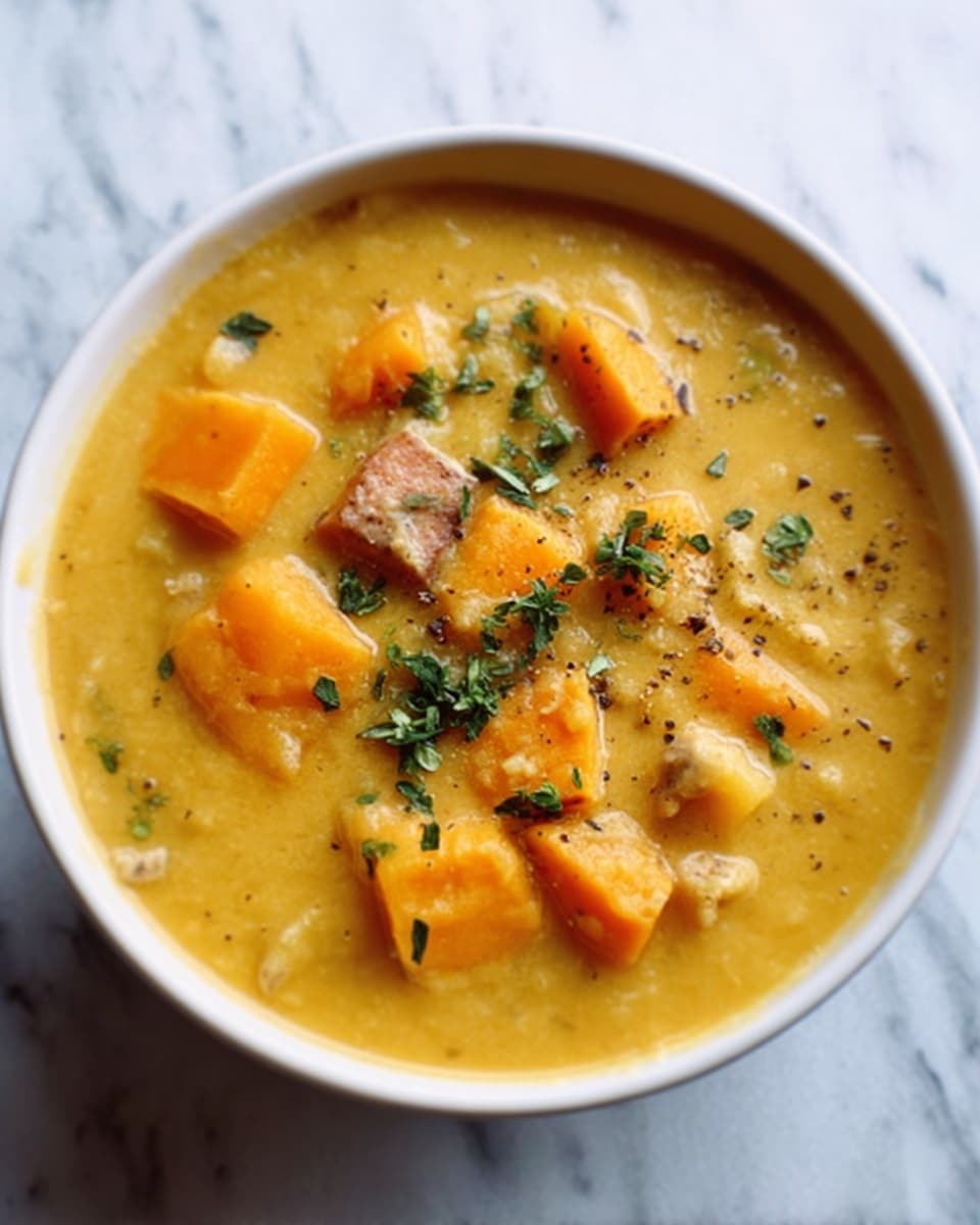 A white bowl filled with thick yellow soup that has chunks of orange sweet potatoes and small pieces of light-colored meat. The soup surface has tiny green herb leaves scattered on top, adding a fresh touch. The texture looks creamy but with visible soft pieces inside. The bowl sits on a white marbled surface. photo taken with an iphone --ar 4:5 --v 7