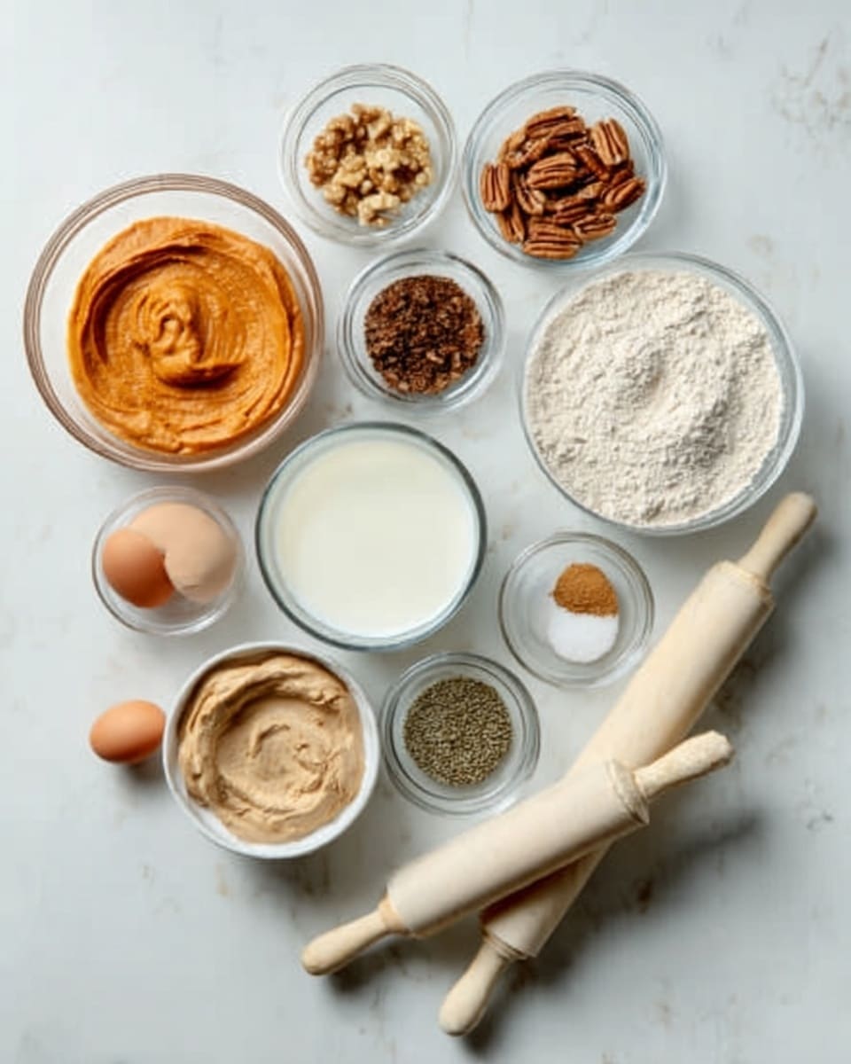 The image shows a white marble table with several small glass bowls arranged neatly. One large bowl on the left holds a smooth orange mixture, while near it, a smaller bowl contains light beige smooth paste. A medium bowl at the center holds milk, and next to it is a bowl with brown nuts. There are small bowls with different spices and seeds in light brown and white colors scattered around. Two raw eggs sit in a clear bowl, and two cream-colored rolling pins lie diagonally on the right side. All items are organized in a clean and bright setting. Photo taken with an iphone --ar 4:5 --v 7