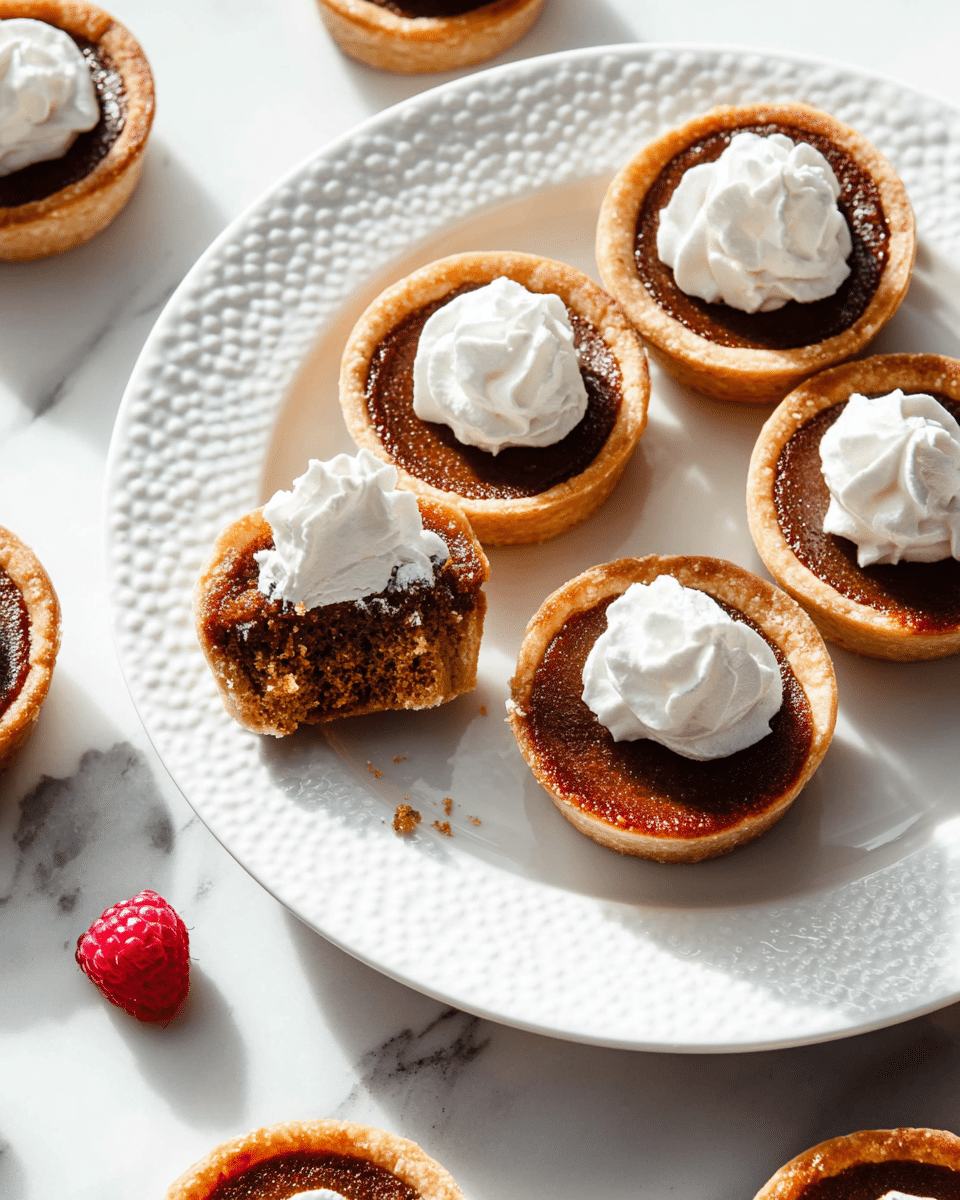 The image shows a white plate with a textured edge, holding several small round tarts with a light golden crust. Each tart has a smooth, dark brown filling and is topped with a small swirl of white whipped cream. One tart is bitten into, revealing a crumbly, moist interior with a darker filling inside. Around the main plate, a few more tarts sit directly on a white marbled surface. One tart in the corner also has a small red berry beside the whipped cream. The overall setting has bright natural lighting. photo taken with an iphone --ar 4:5 --v 7