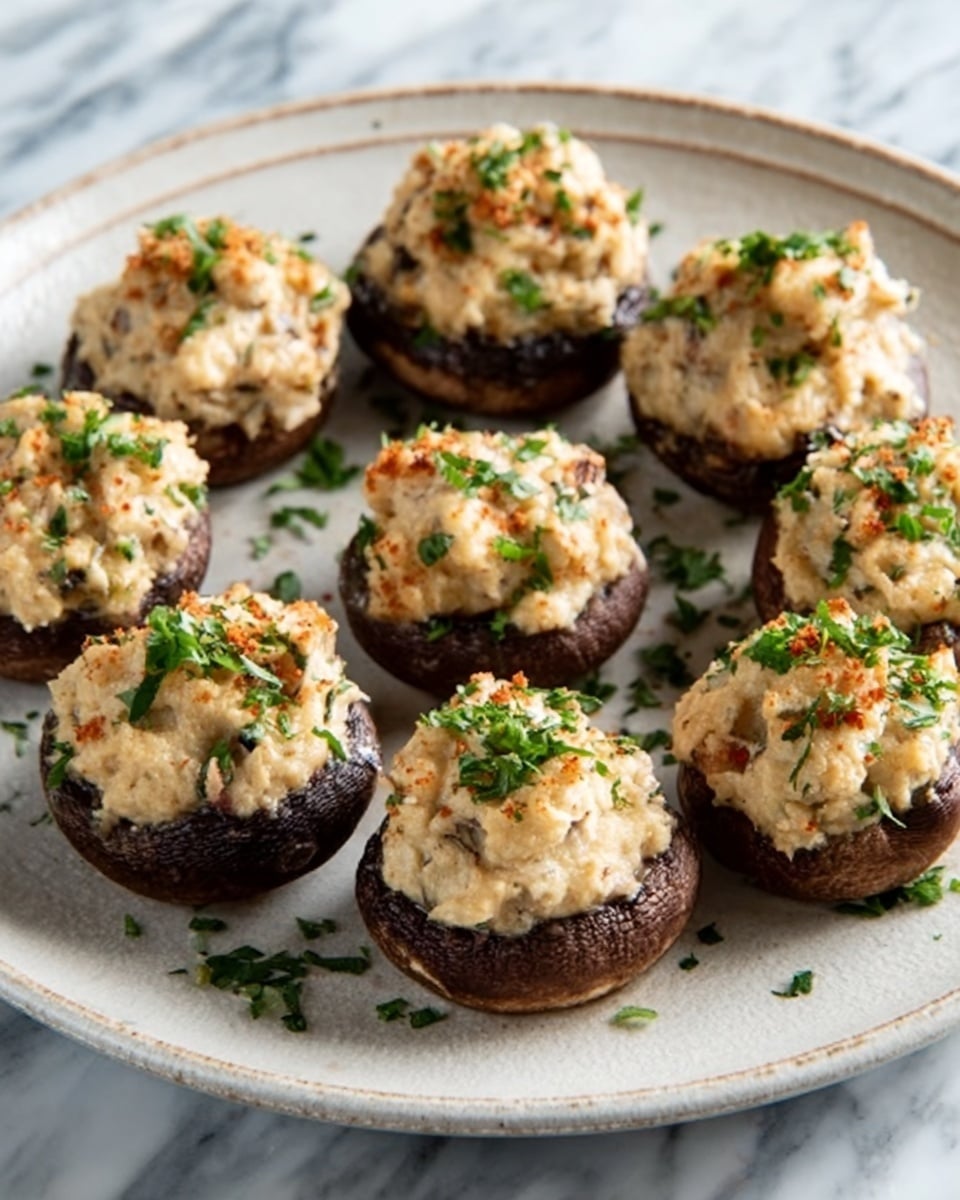 A white plate holds eight stuffed mushrooms arranged in a circle, each mushroom cap filled with a light beige creamy mixture with a slightly rough texture, topped with small green herb sprinkles and tiny orange bits. The mushrooms are dark brown with a smooth surface, and the creamy filling slightly overflows from the top, giving a soft and rich look. The background is a white marbled texture, enhancing the natural colors of the dish. photo taken with an iphone --ar 4:5 --v 7