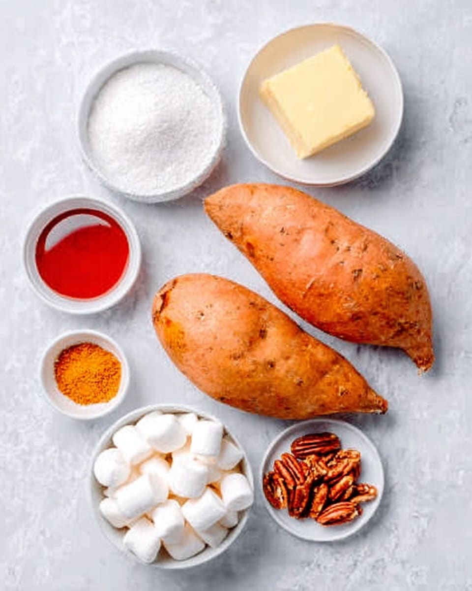 The image shows two golden brown sweet potatoes placed diagonally on a white marbled surface with a soft texture. Around the sweet potatoes, there are six small white bowls containing various ingredients: one bowl filled with white granulated sugar, another with red liquid, a third with a small square of butter, a fourth with orange colored powder spice, a small bowl holding whole pecans, and a larger bowl containing many white marshmallows. The sweet potatoes are the largest objects, with the ingredients arranged neatly around them. Photo taken with an iphone --ar 4:5 --v 7