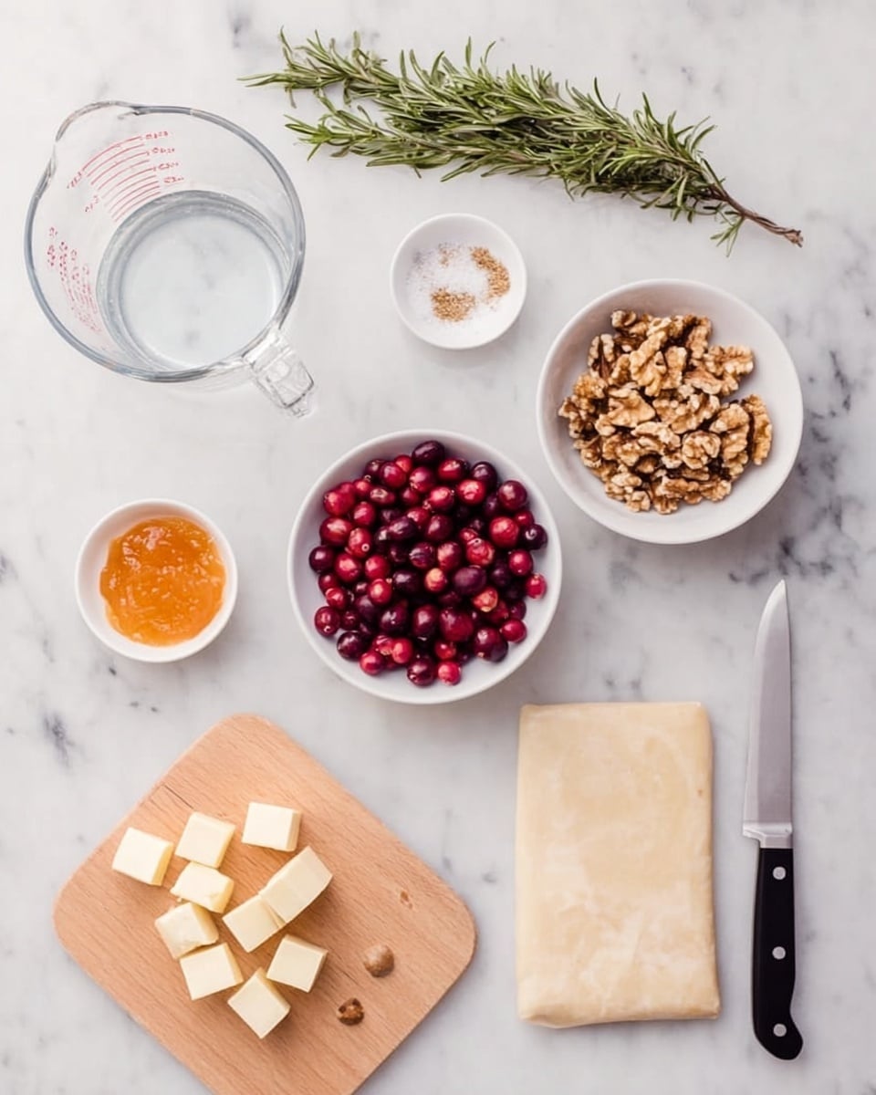 The image shows a top-down view of several ingredients laid out on a white marbled surface. At the top left is a small bunch of fresh green rosemary sprigs. To the right of the rosemary, there is a small white bowl with white granulated salt, and next to it a small bowl filled with chopped walnuts. Below the walnuts is a white bowl of fresh red cranberries. To the left of the cranberries, a clear glass measuring cup with water is placed. Below the measuring cup is a small white bowl with orange jam or marmalade. To the right of the jam is a tiny white bowl containing a small amount of brown spice or seasoning. On the lower left side, there is a light wooden cutting board with cubes of pale yellow cheese and a knife with a black handle. On the lower right side, a rectangular sheet of pale dough or pastry is laid out flat. Photo taken with an iphone --ar 4:5 --v 7