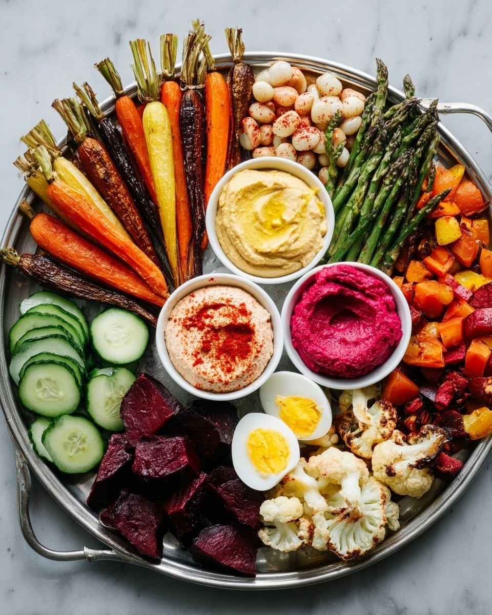 A large round silver tray holds an arranged mix of colorful foods on a white marbled surface. At the center, three small white dishes hold different dips: one smooth yellow hummus, one creamy pinkish spread topped with red seasoning, and one bright red beet dip. Around the dips, on the left side, there are long roasted carrots in shades of orange, yellow, and purple with green tops still attached. Below the carrots, several slices of fresh cucumber are laid out. On the right side of the tray, there are chopped roasted root vegetables in deep red, orange, and purple colors. Around the bottom right edge, there are roasted cauliflower pieces with some browning, green asparagus stalks, and several halved boiled eggs showing bright yellow yolks. At the top edge, there is a pile of multicolored broad beans with skins in dark brown, reddish, black, and pale yellow. The overall look is rustic and colorful with a fresh feel. Photo taken with an iphone --ar 4:5 --v 7