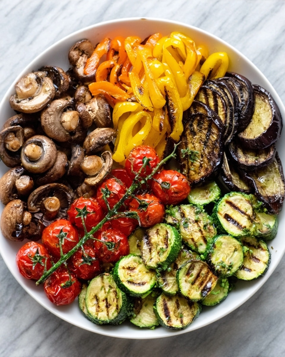 A white bowl filled with five sections of grilled vegetables arranged in a circle on a white marbled surface background. Starting at the top going clockwise, there are sliced brown mushrooms with a soft texture, grilled dark purple eggplants with grill marks, yellow and orange bell pepper slices with a smooth texture, a bunch of bright red cherry tomatoes on the vine, and grilled round slices of green and yellow zucchini with slight char marks. The vegetables look lightly seasoned and fresh. Photo taken with an iphone --ar 4:5 --v 7