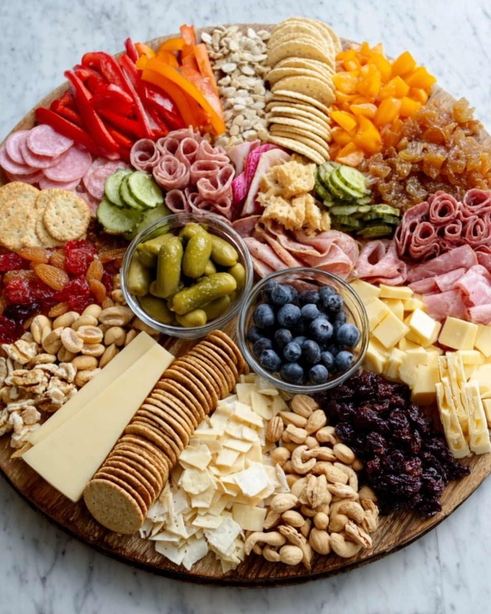 A large round wooden board filled with many colorful food items arranged in layers. There are light brown crackers stacked near the front, surrounded by small piles of beige nuts and brown olives. To the left, bright red and orange bell pepper slices add color, next to folded light pink cold cuts and slices of light yellow cheese layered near the center. Small bowls with green pickles and blueberries are placed on the board, while dark red and orange dried fruits fill spaces between clusters of pale beige chips and rolled cold cuts. Various foods are layered close together with different textures like smooth cheese, rough crackers, and shiny olives. The board rests on a white marbled surface. photo taken with an iphone --ar 4:5 --v 7