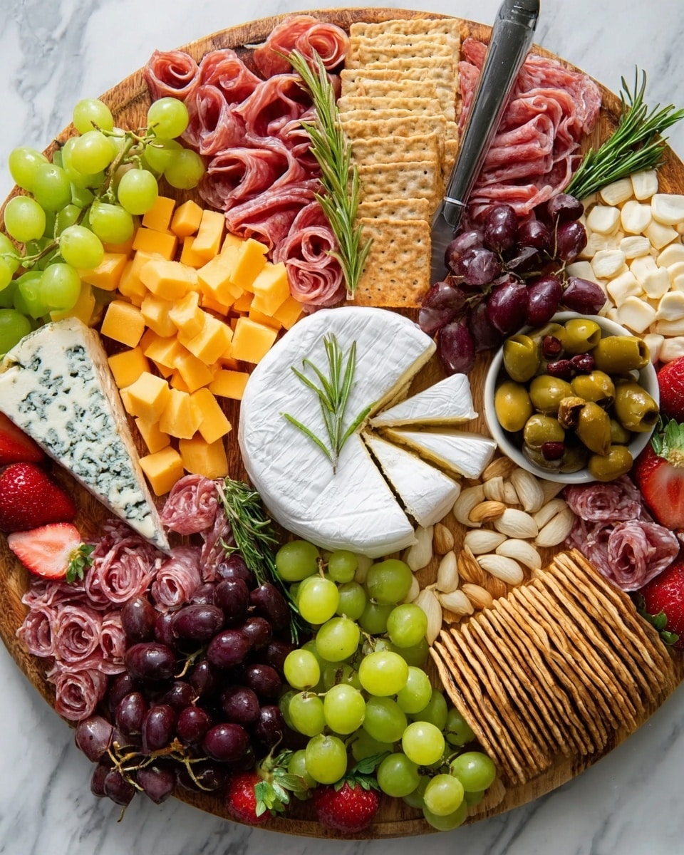 A round wooden platter filled with an arranged variety of foods on a white marbled surface. In the center is a wheel of soft white cheese with slices cut but still in place. Around it, there are layers of sliced cured meats in pink and red shades, small cubes of bright orange cheese, and a pile of light brown crackers fanned out. Clusters of green grapes are placed on opposite sides along with dark purple olives and green olives mixed with almonds. The platter includes sprigs of green rosemary and bright red strawberries near the edges, giving a fresh touch. A silver cheese knife lies diagonally across some blue-veined cheese on one side. photo taken with an iphone --ar 4:5 --v 7