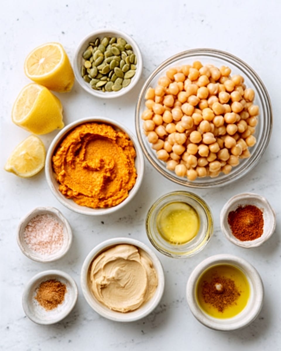The image shows a white marbled surface with several small white bowls arranged neatly. In the center, there is a larger clear bowl filled with round, light beige chickpeas. Surrounding this, bowls contain a thick orange paste with a smooth texture, a light beige creamy sauce, green pumpkin seeds, and a golden yellow oil. Smaller bowls hold reddish and brownish spices, white creamy sauce, and coarse pink salt. Two lemon halves are placed on the left side of the arrangement. The overall display is clean and organized, with a focus on natural food colors. photo taken with an iphone --ar 4:5 --v 7