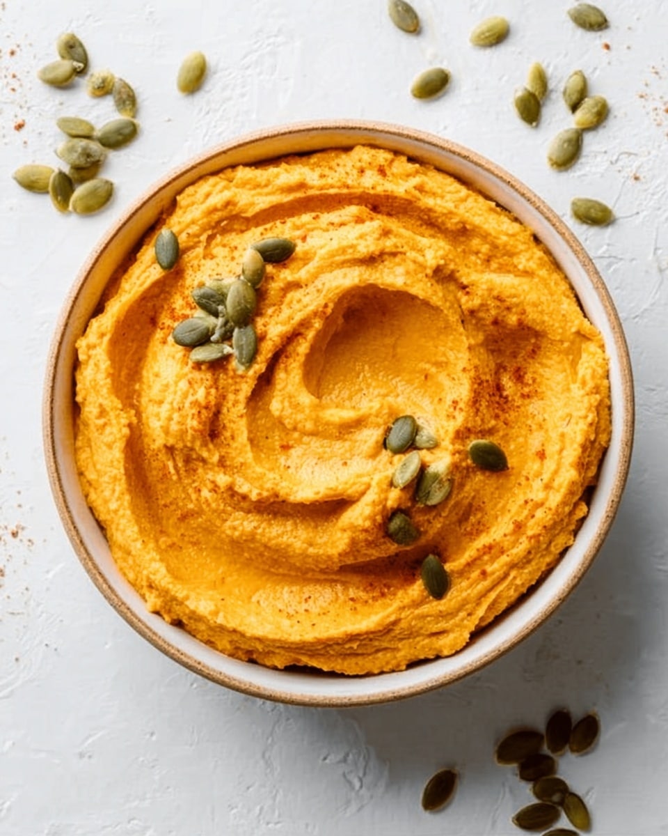 The image shows a round white bowl filled with smooth orange-colored dip, likely pumpkin or sweet potato puree. The dip is swirled on top, creating soft waves and small peaks. A few green pumpkin seeds are scattered on the surface of the dip and around the bowl on a white marbled background. The edges of the bowl are clean and the texture of the dip looks creamy and soft with a slight graininess. The photo has natural light coming from above, highlighting the colors and textures vividly. Photo taken with an iphone --ar 4:5 --v 7