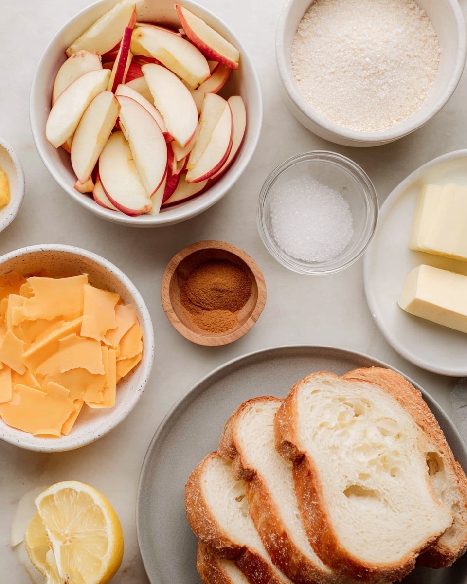 The image shows several small white bowls and a plate arranged on a white marbled surface. One bowl is filled with thinly sliced red apple pieces with white flesh and red edges, another bowl holds thin slices of orange cheddar cheese. A small white bowl contains granulated sugar, and a small clear glass bowl has a stick of butter. Another small clear bowl holds a brown powder spice, likely cinnamon. Next to these is a small wooden bowl filled with coarse white salt and a small white plate with half a lemon. Below, a gray plate is filled with slices of white bread with a golden crust, stacked naturally. The arrangement is neat and the colors are warm and inviting. Photo taken with an iphone --ar 4:5 --v 7