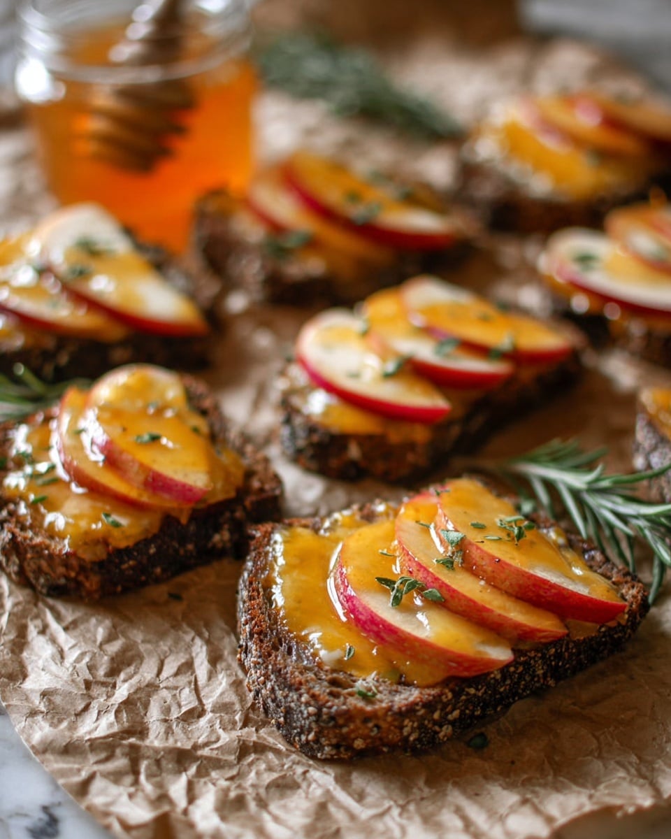 The image shows several pieces of dark seeded bread topped with two thin slices of red apple each, layered side by side. On top of the apple slices, there is a layer of melted golden yellow cheese, sprinkled with small green herb bits. The toasts are placed closely together on crumpled light brown parchment paper, with a jar of amber honey and a sprig of fresh green rosemary blurred in the background on a white marbled surface. The cheese has a shiny, slightly oily texture, and the apple skin adds a touch of red contrast to the warm golden cheese and dark bread crust photo taken with an iphone --ar 4:5 --v 7
