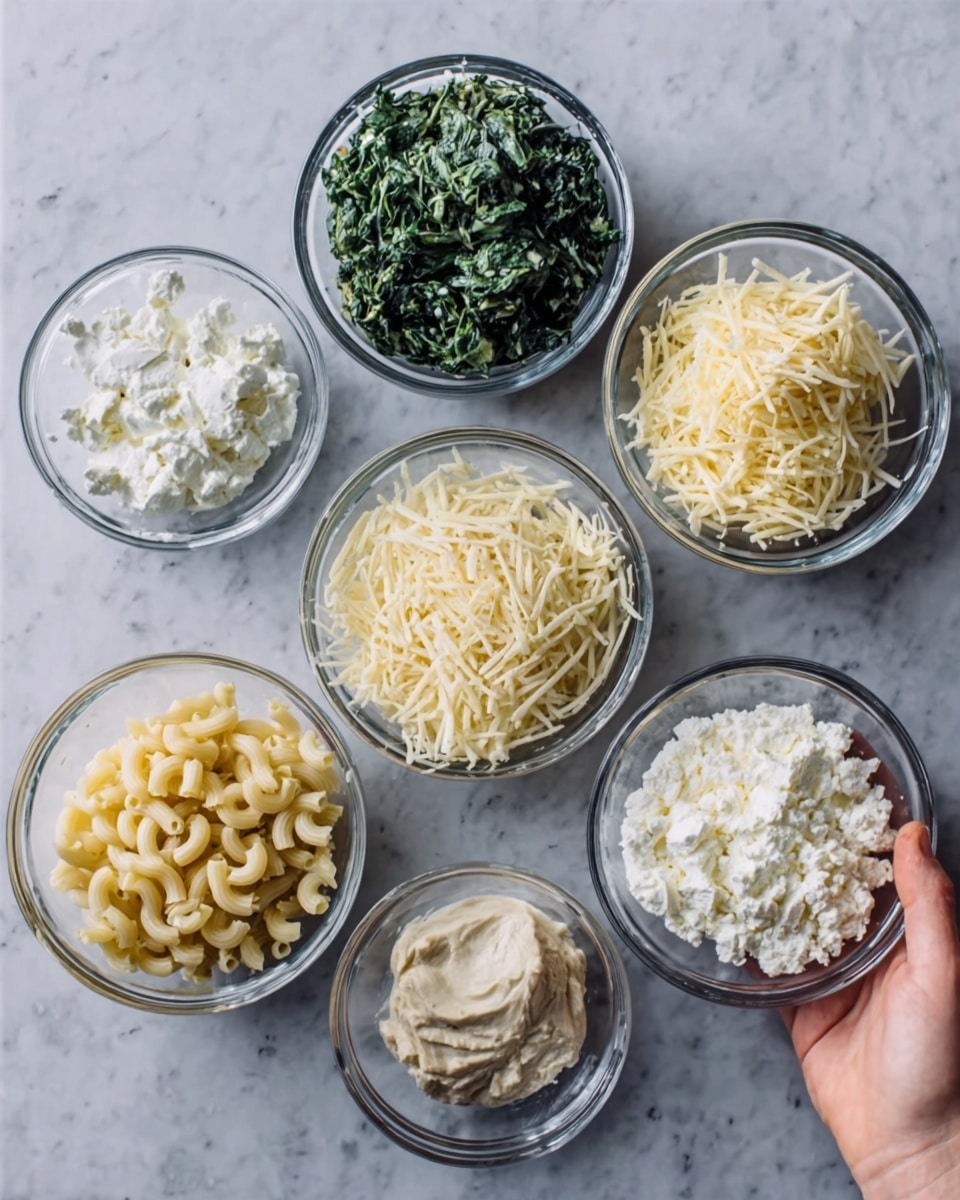 The image shows seven small clear glass bowls arranged on a white marbled surface. The bowls contain different ingredients: in the top row, from left to right, soft white cream cheese, chopped dark green spinach, and shredded pale yellow mozzarella cheese. In the bottom row, from left to right, cooked elbow macaroni pasta, grated white Parmesan cheese, white ricotta cheese, and thick beige mayonnaise. A woman's hand is partly visible holding the bowl with the cooked pasta. Photo taken with an iphone --ar 4:5 --v 7