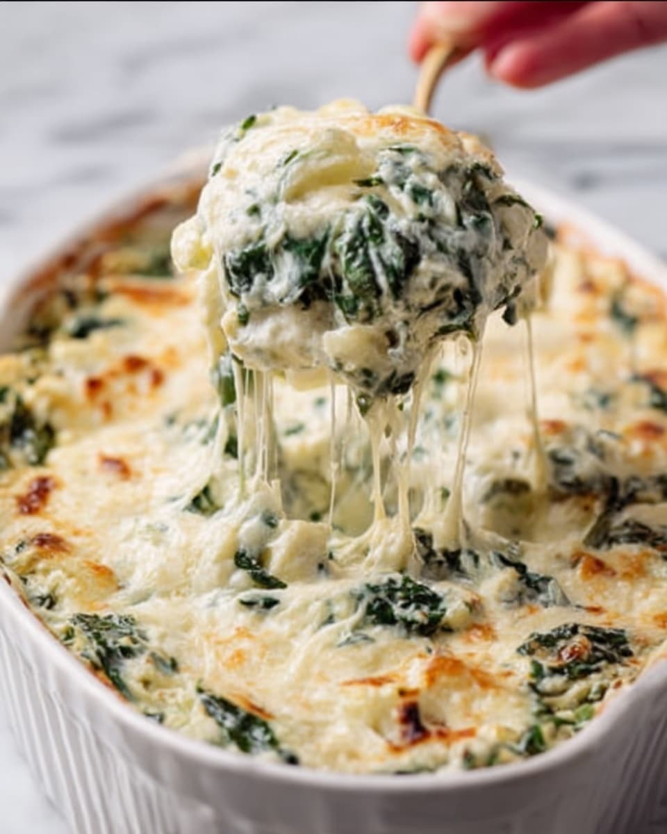 A white ceramic dish filled with creamy spinach and cheese casserole, showing melted cheese pulling up in long strings as a serving scoop lifts a portion. The casserole has a top layer of golden, slightly browned melted cheese, underneath which is a creamy spinach mixture with visible bright green spinach leaves spread evenly. The texture looks rich and smooth with some chunks of cheese throughout. A woman's hand holding the scoop is seen lifting the cheesy serving. The dish sits on a white marbled surface. photo taken with an iphone --ar 4:5 --v 7